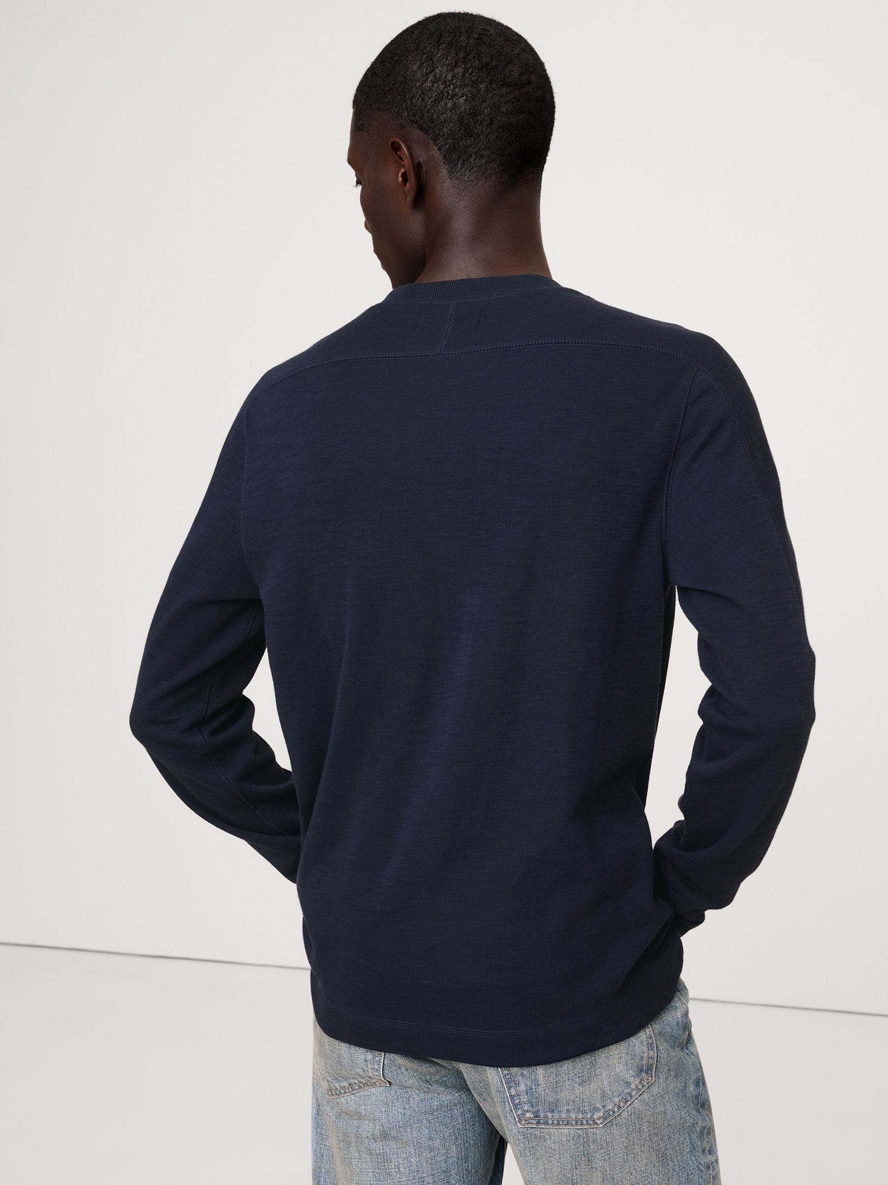 Banana Republic Navy/Blue Slub Double-Knit Henley Long Sleeve T-Shirt - Image 2 of 4
