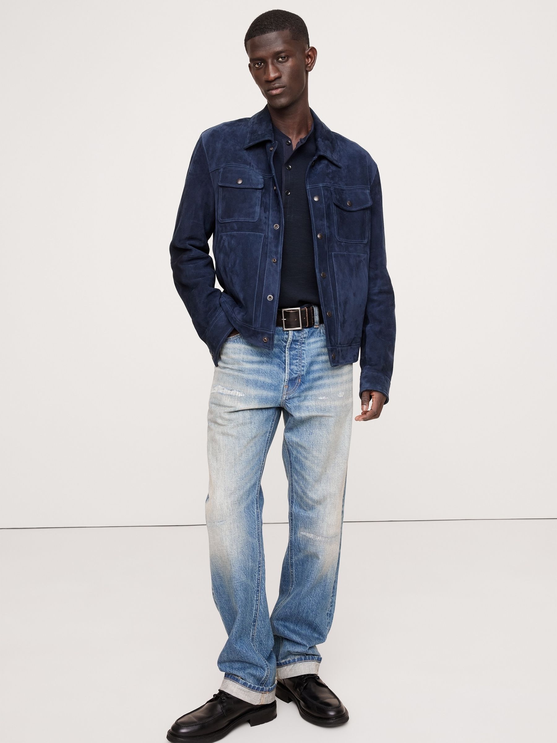 Banana Republic Navy/Blue Slub Double-Knit Henley Long Sleeve T-Shirt - Image 3 of 4