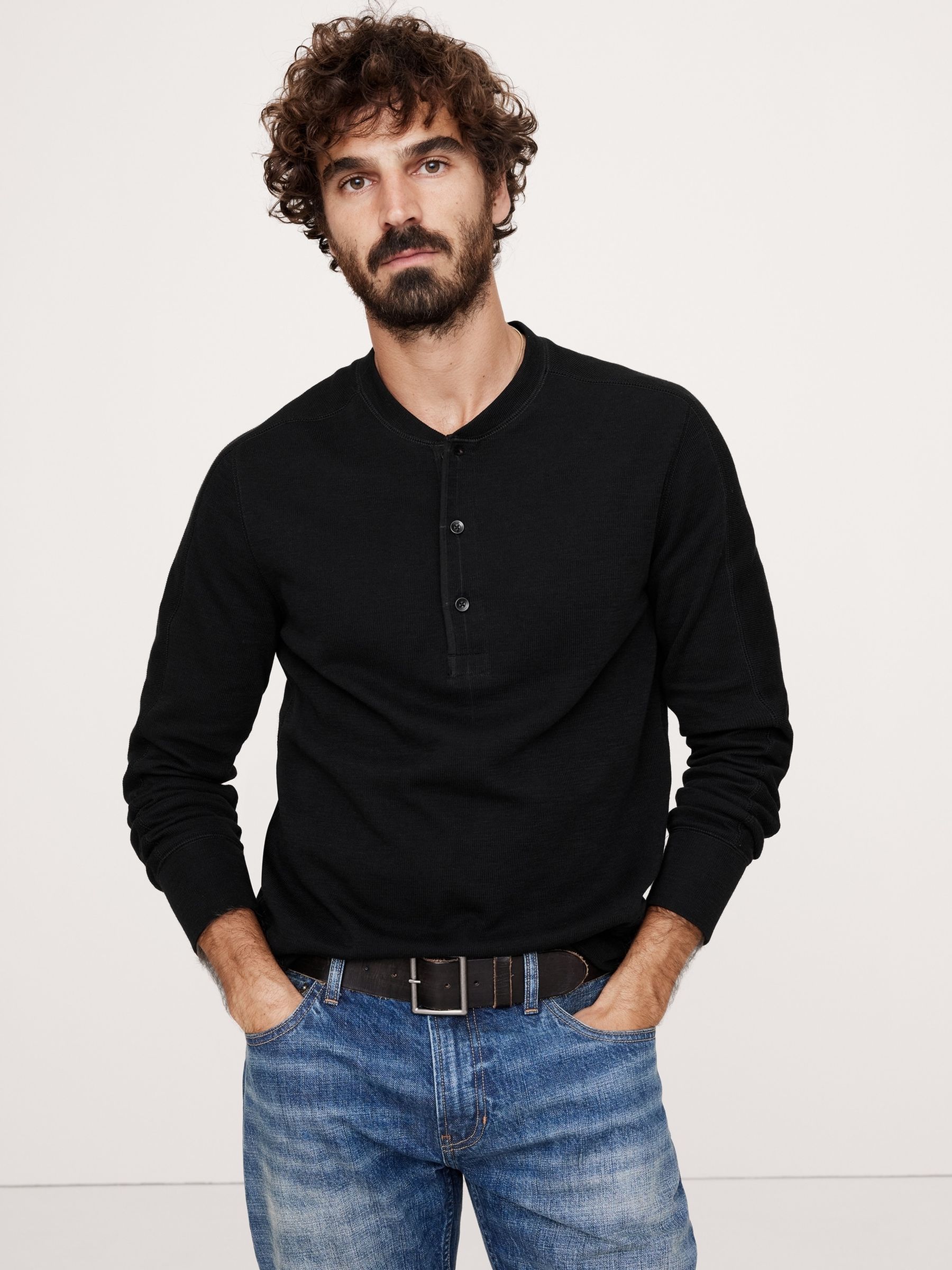 Banana Republic Black Slub Double-Knit Henley Long Sleeve T-Shirt 