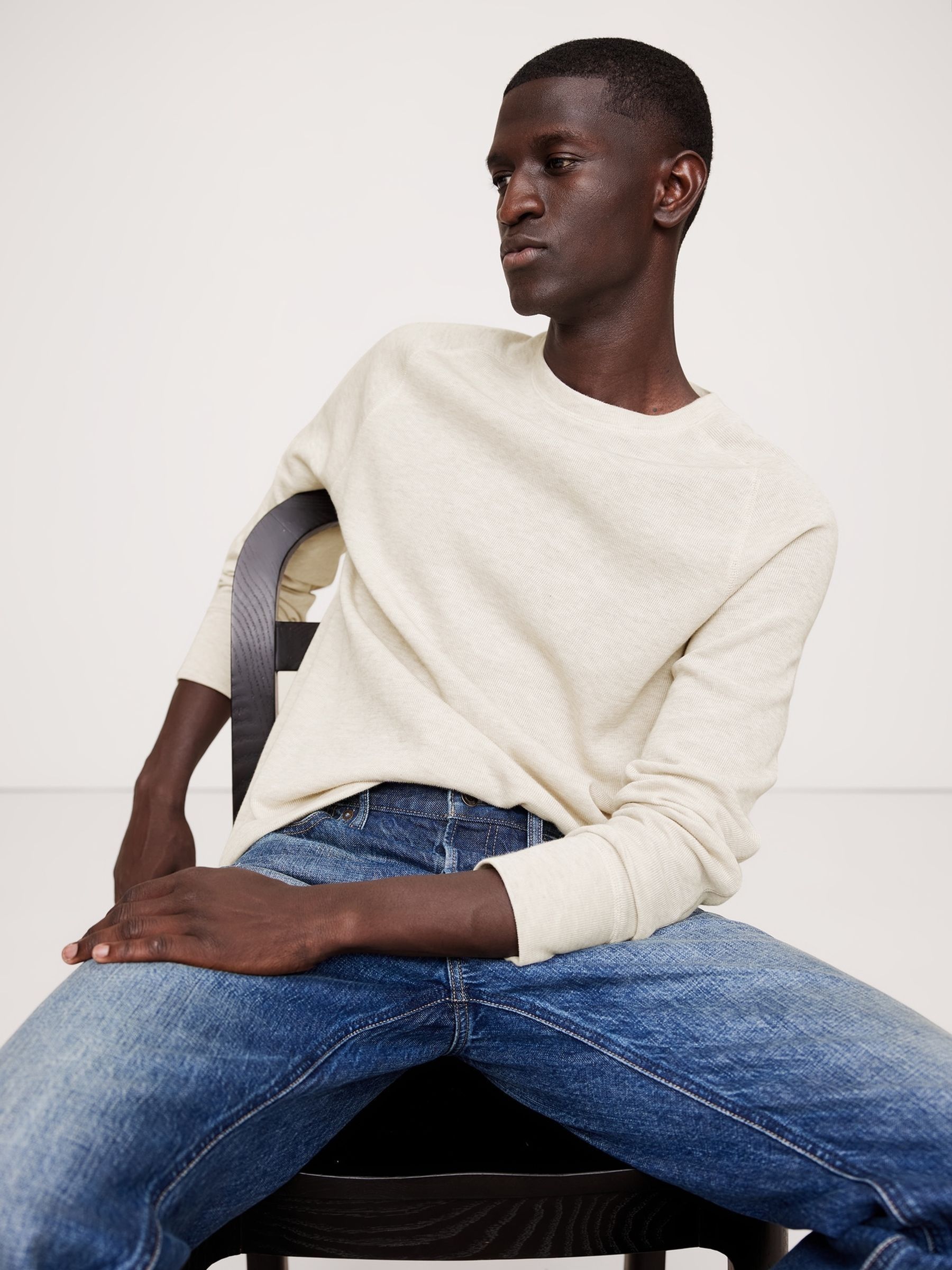 Banana Republic White Slub Double-Knit Long Sleeve Crew-Neck T-Shirt - Image 1 of 1