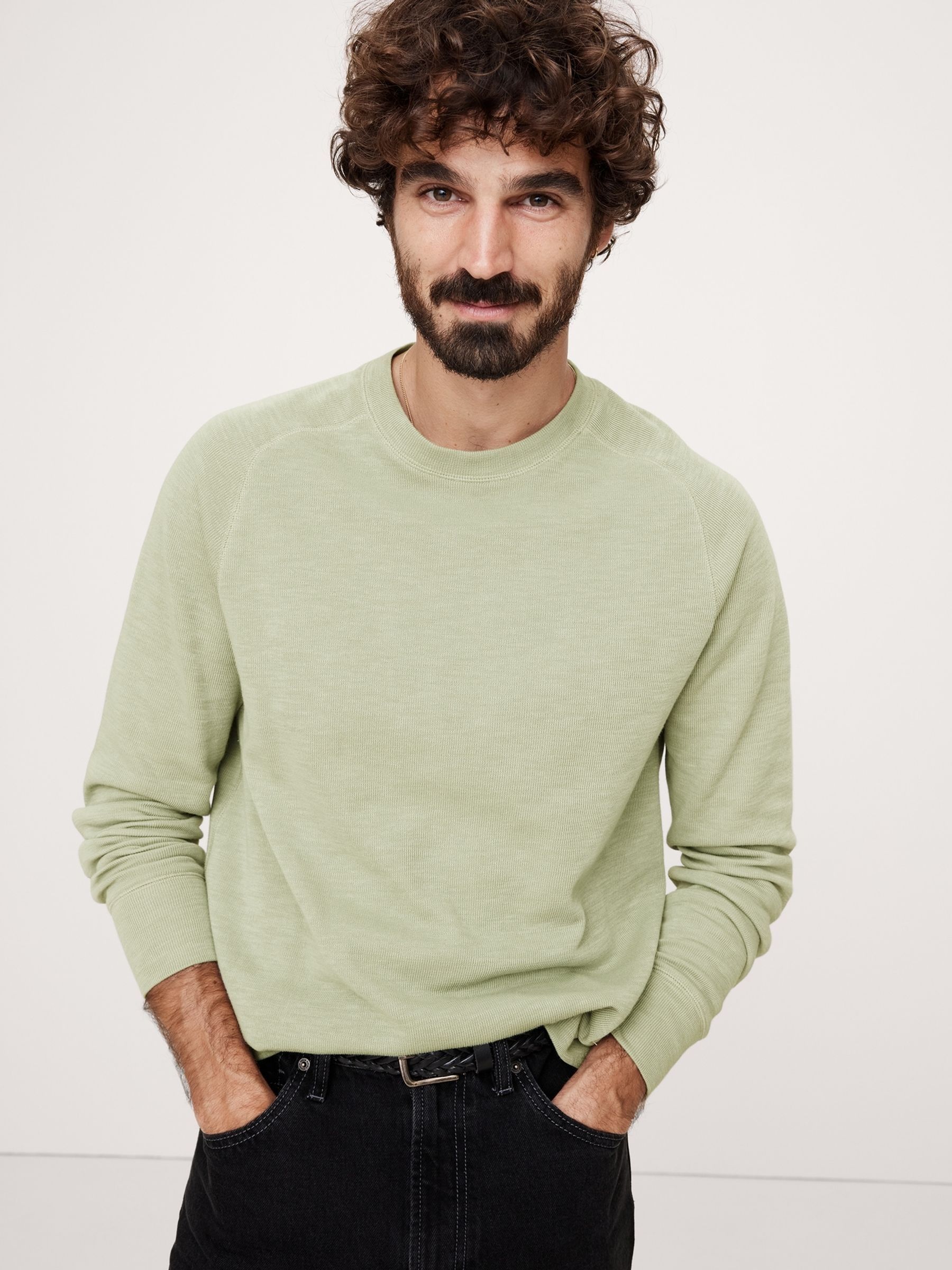 Banana Republic Green Slub Double-Knit Long Sleeve Crew-Neck T-Shirt - Image 1 of 1