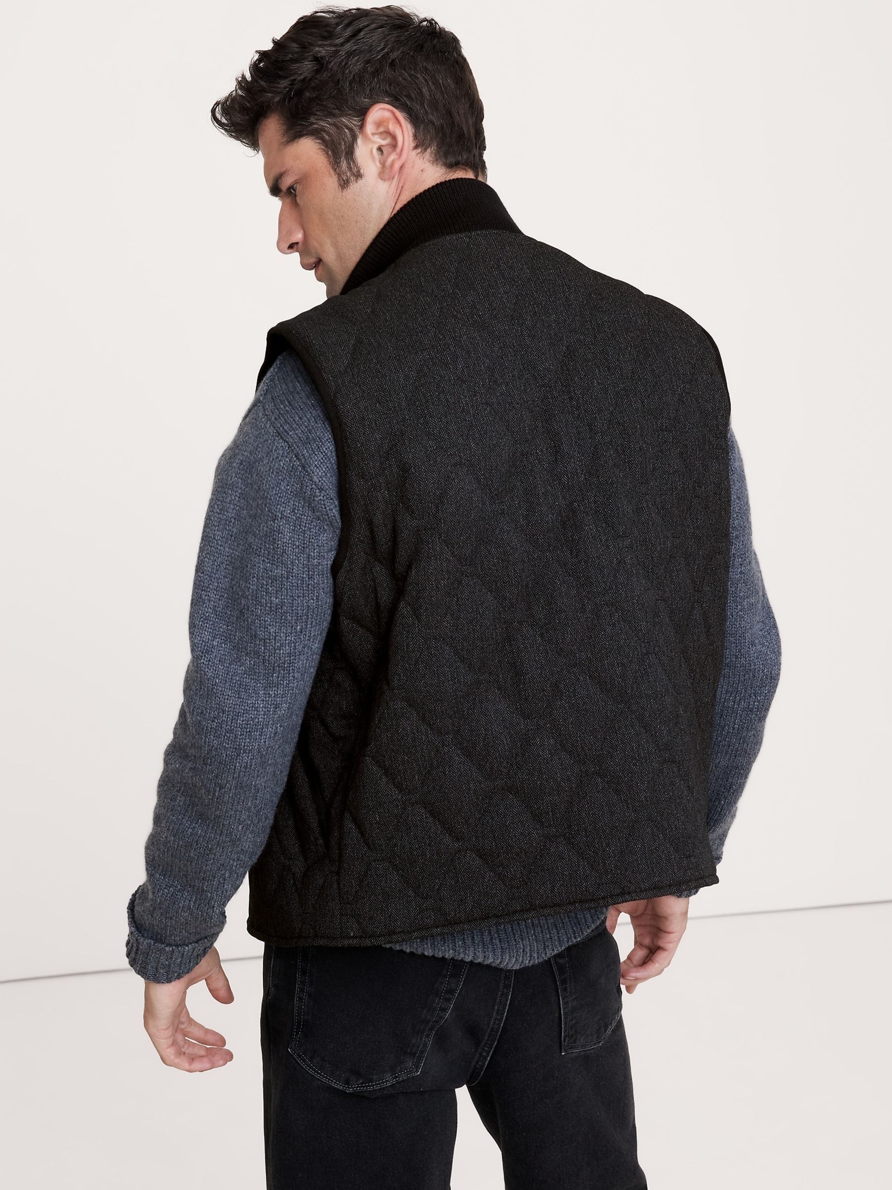 Banana Republic Black Herringbone Quilted Vest Jacket | Gap