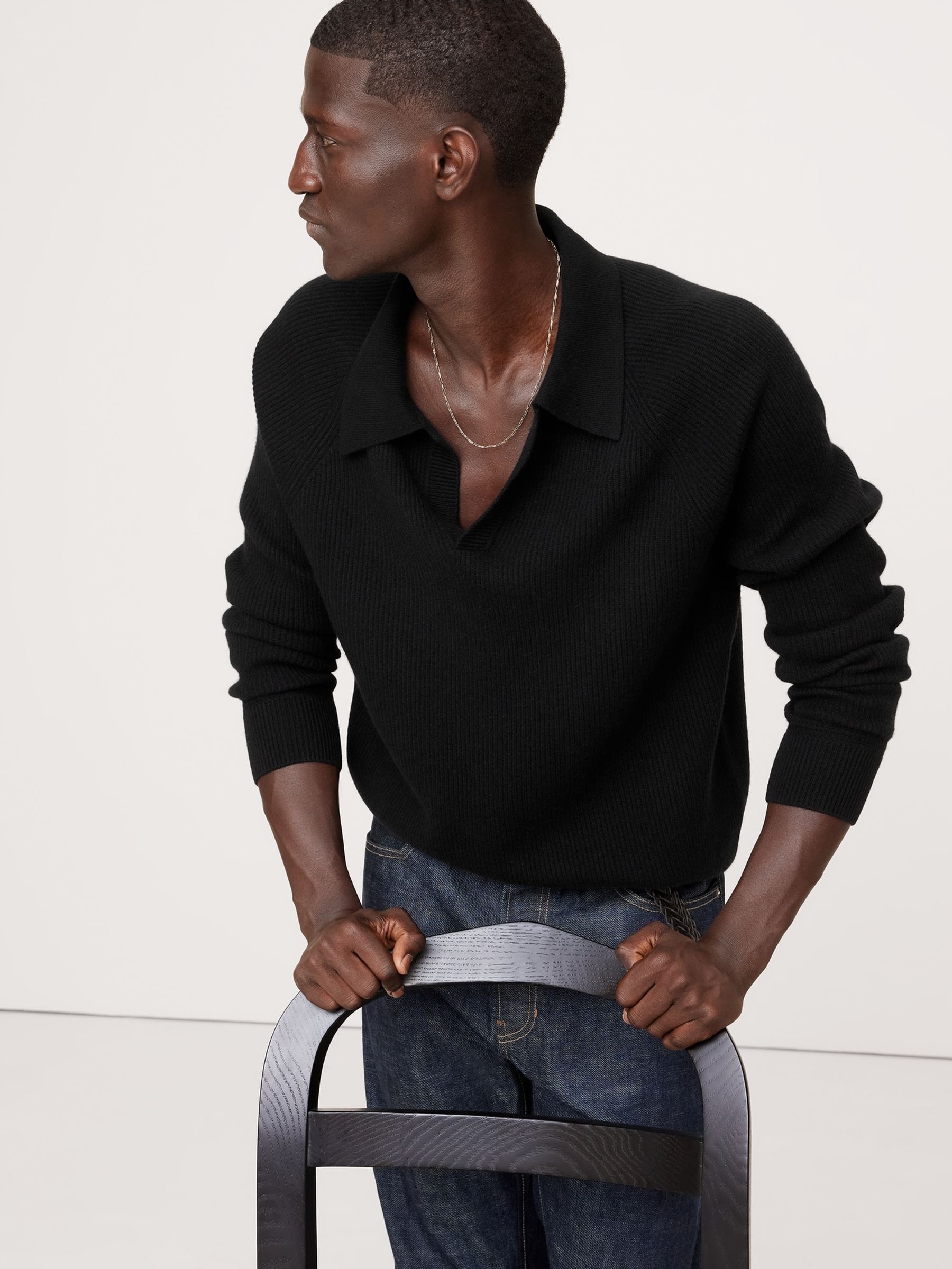 Banana Republic Black Wool-Cashmere Polo Shirt - Image 3 of 5