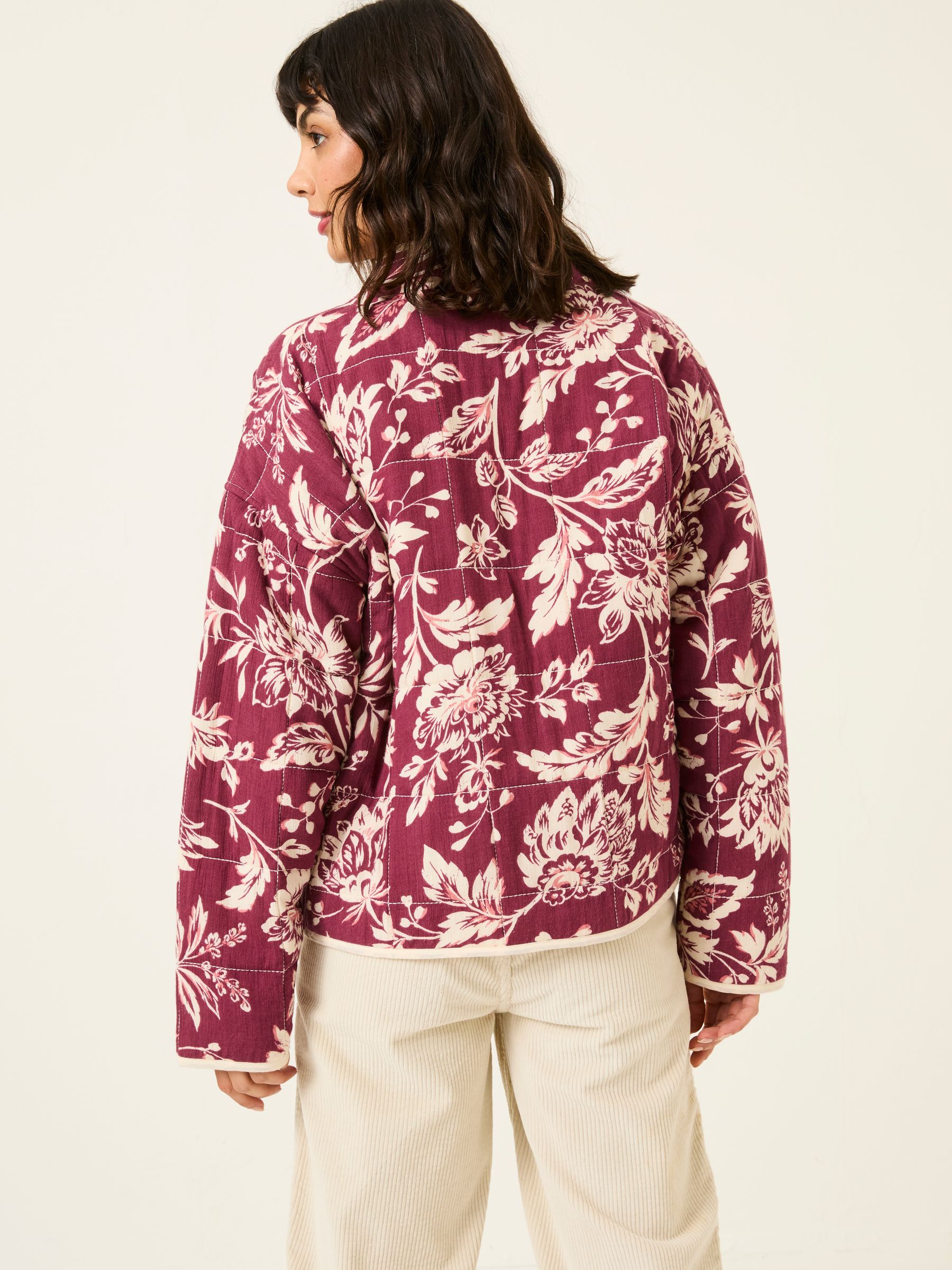Evie Burgundy Red Brush Floral Floral Reversible Quilted Jacket