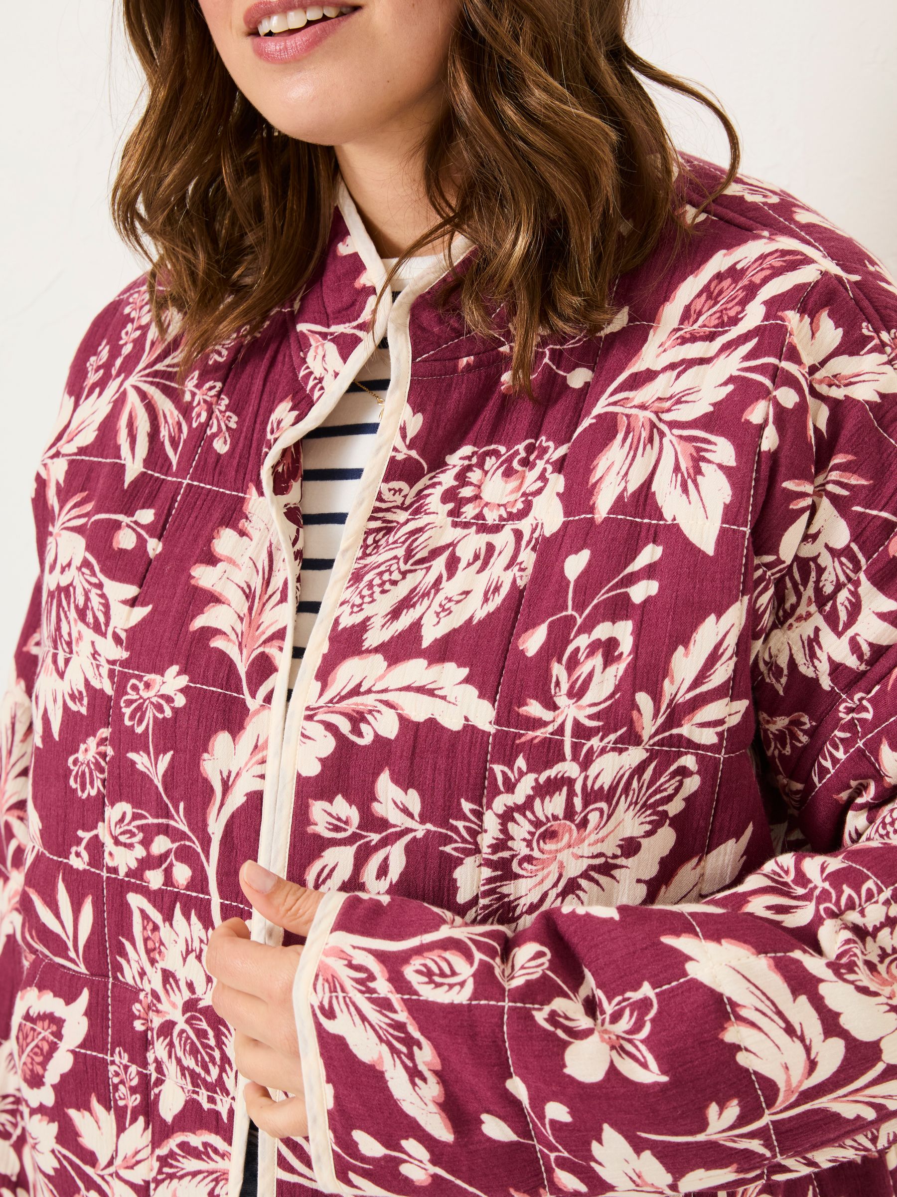 Evie Burgundy Red Brush Floral Floral Reversible Quilted Jacket