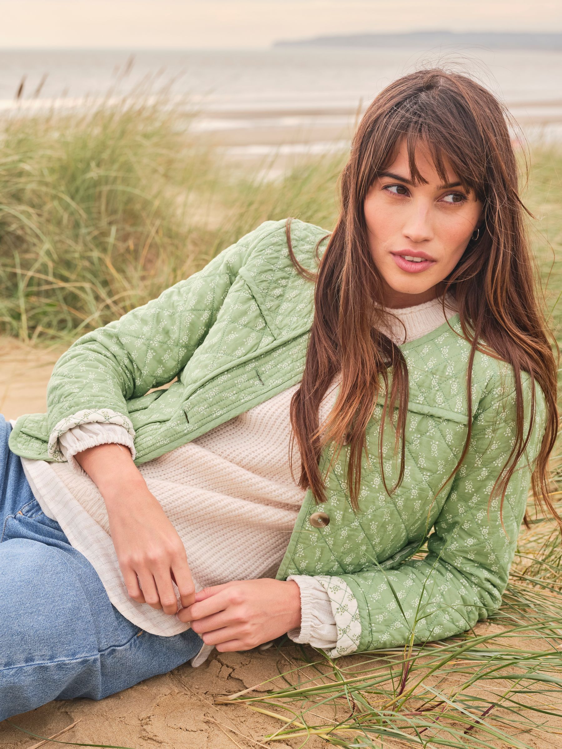 Mia Light Green Woodblock Woodblock Quilted Jacket | FatFace USA