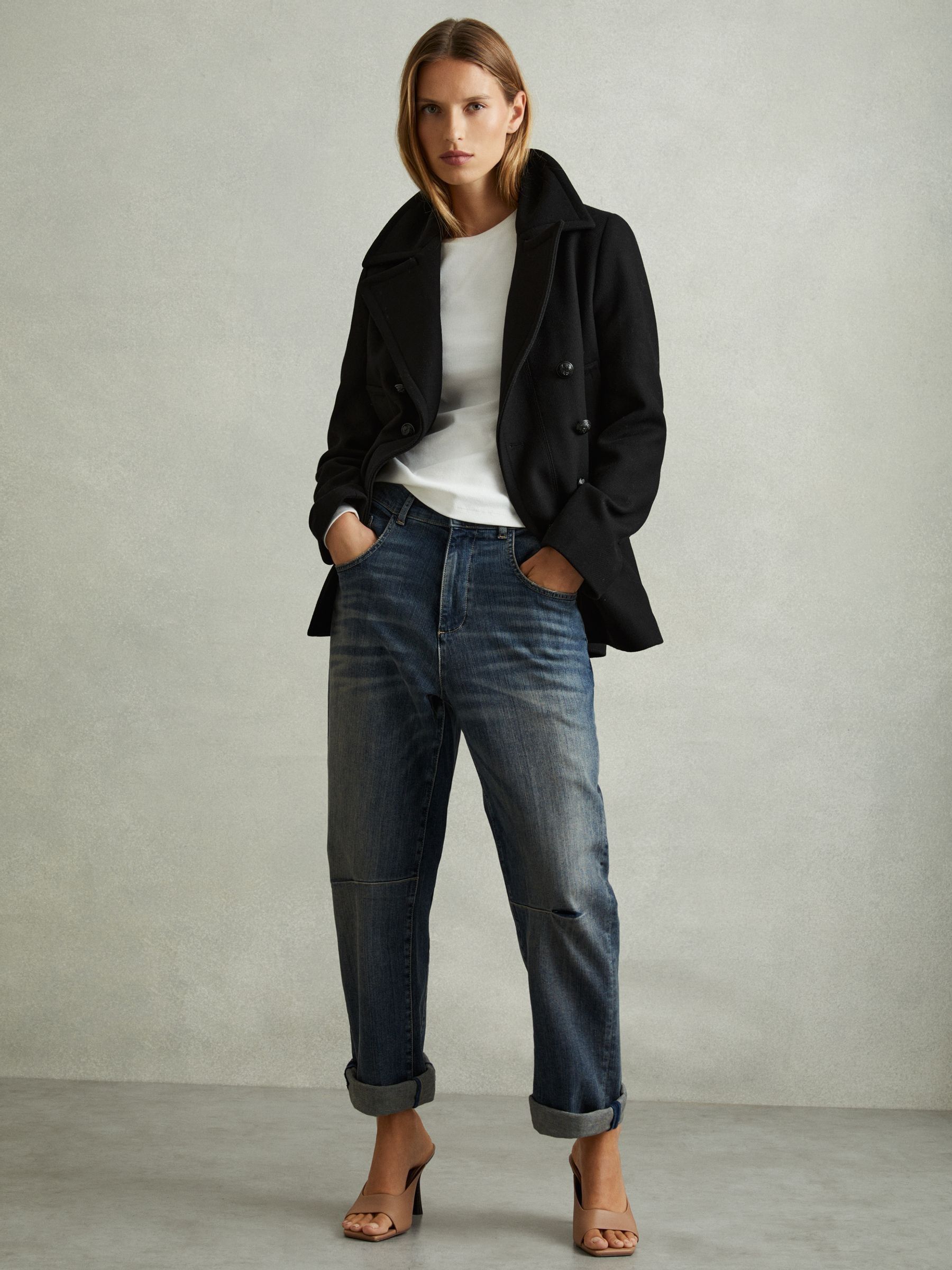 Wool Blend Double Breasted Pea Coat in Black - Image 5 of 6