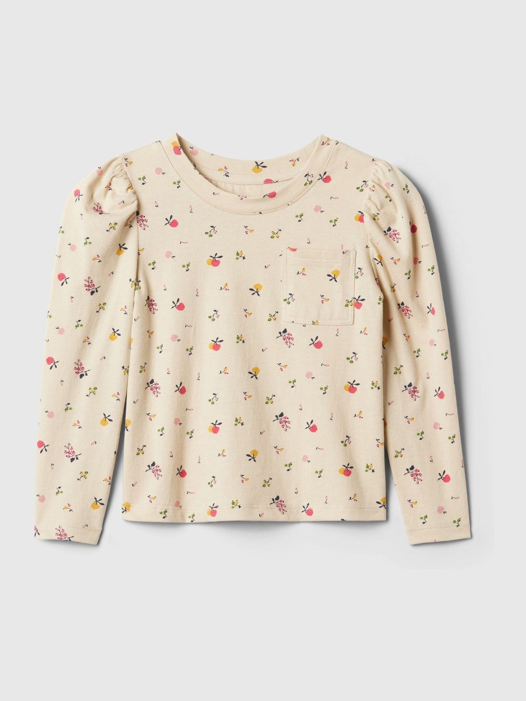 Beige Pocket Puff Sleeve Crew Neck T-Shirt (6mths-5yrs) - Image 1 of 2