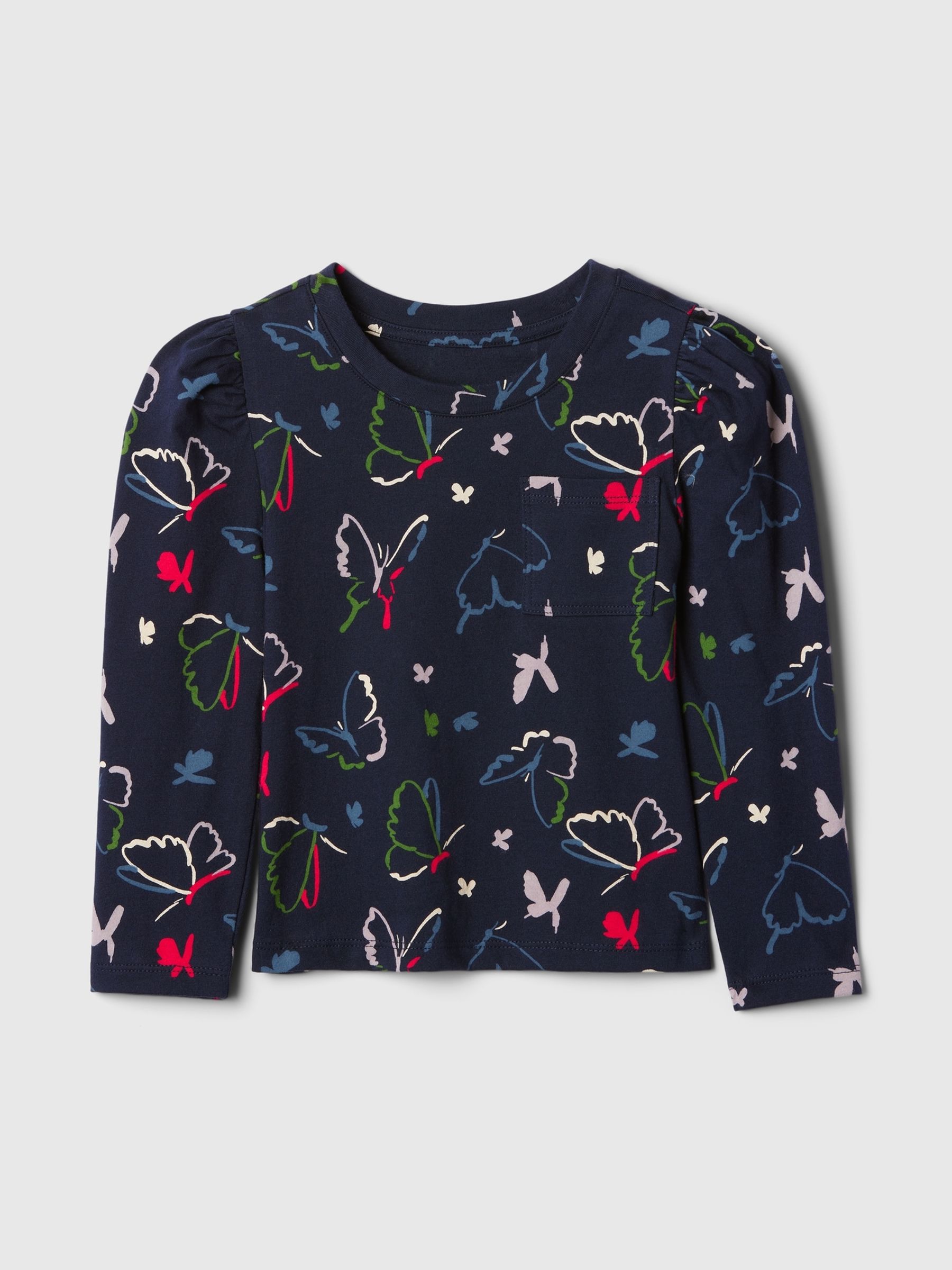 Navy Blue Butterfly Print Cotton Pocket Long Sleeve T-Shirt (6mths-5yrs) - Image 1 of 2