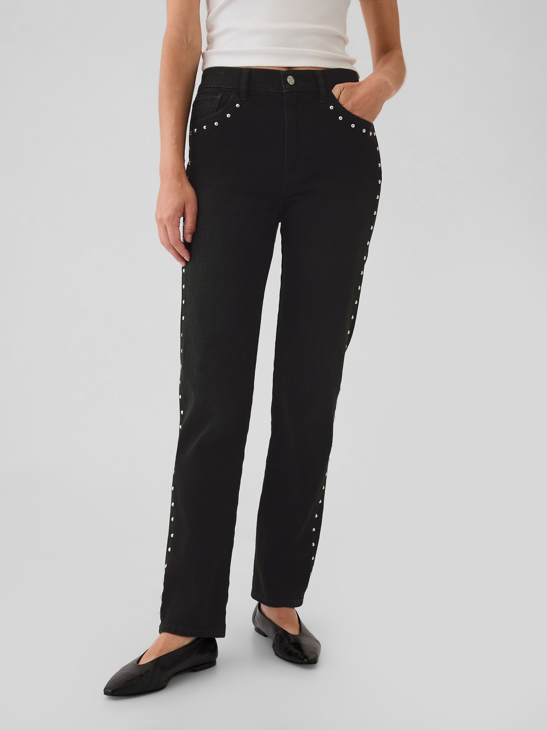 Black High Waisted Studded 90s Straight Jeans - Image 2 of 6