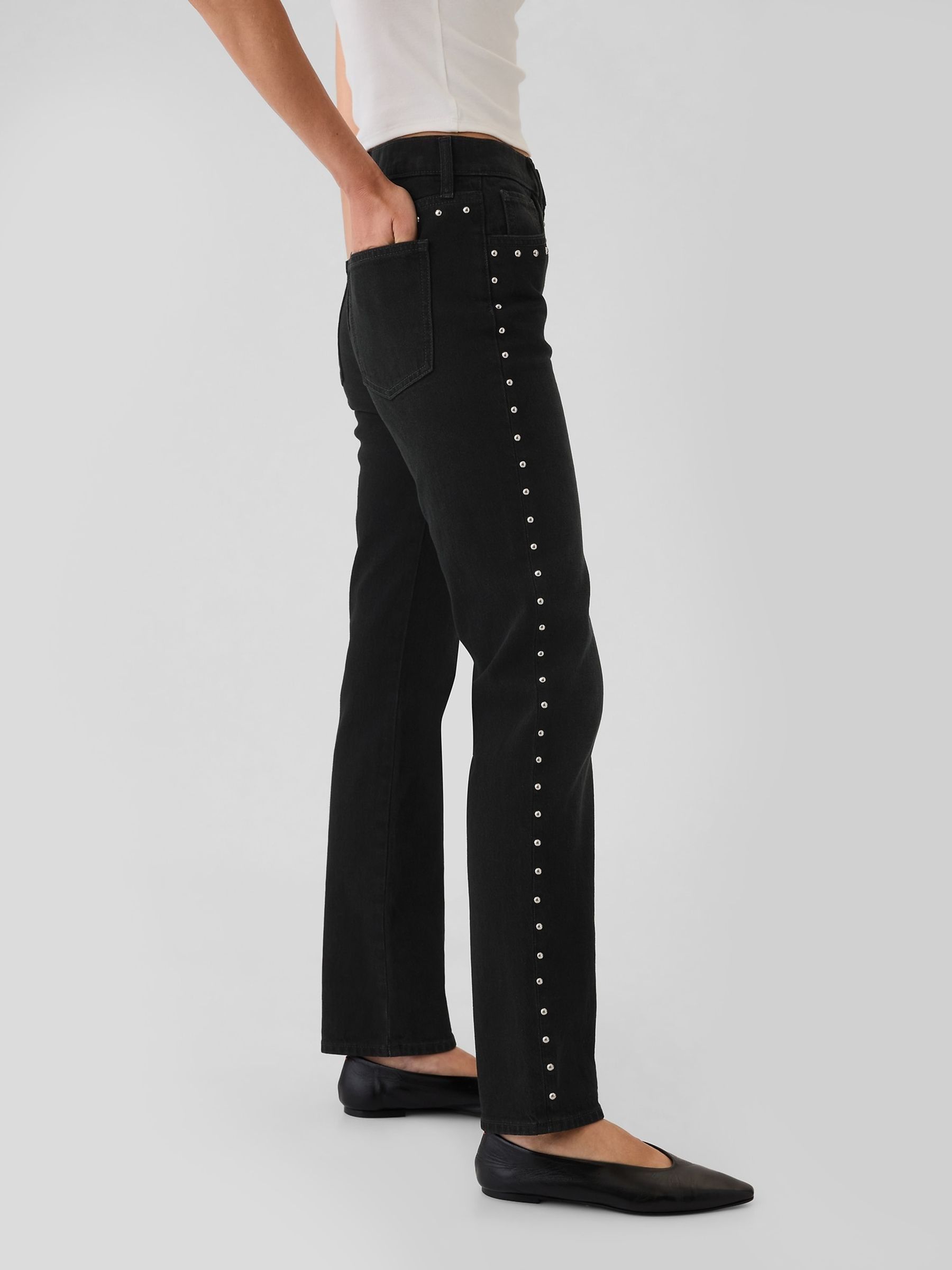 Black High Waisted Studded 90s Straight Jeans - Image 5 of 6