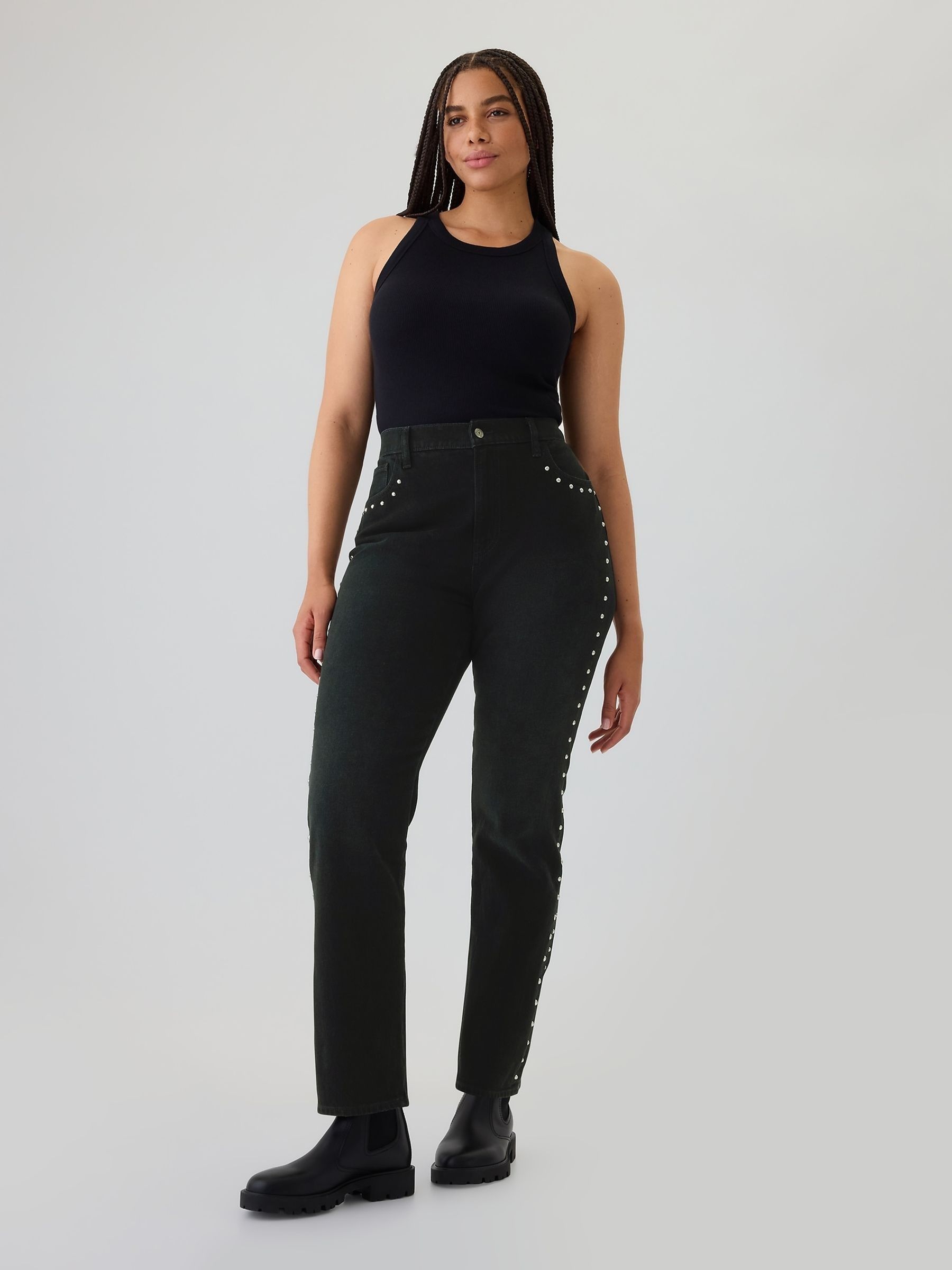 Black High Waisted Studded 90s Straight Jeans - Image 5 of 5