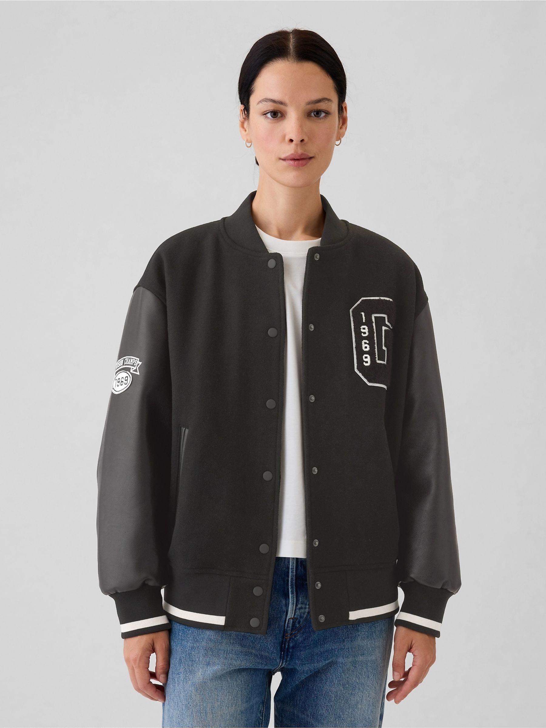 Black Wool Blend Logo Varsity Boyfriend Bomber Jacket Gap