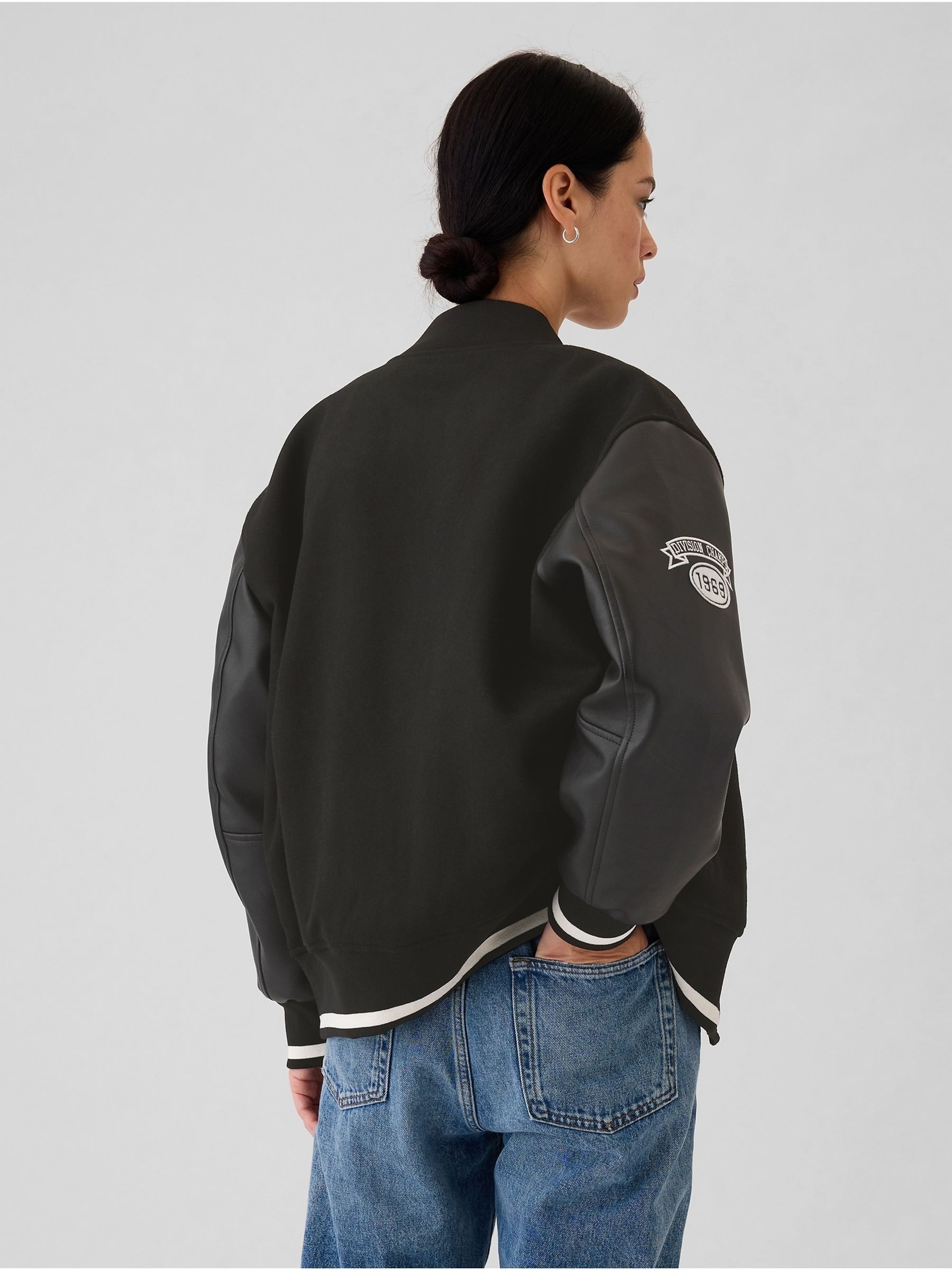 Black Wool Blend Logo Varsity Boyfriend Bomber Jacket - Image 2 of 7