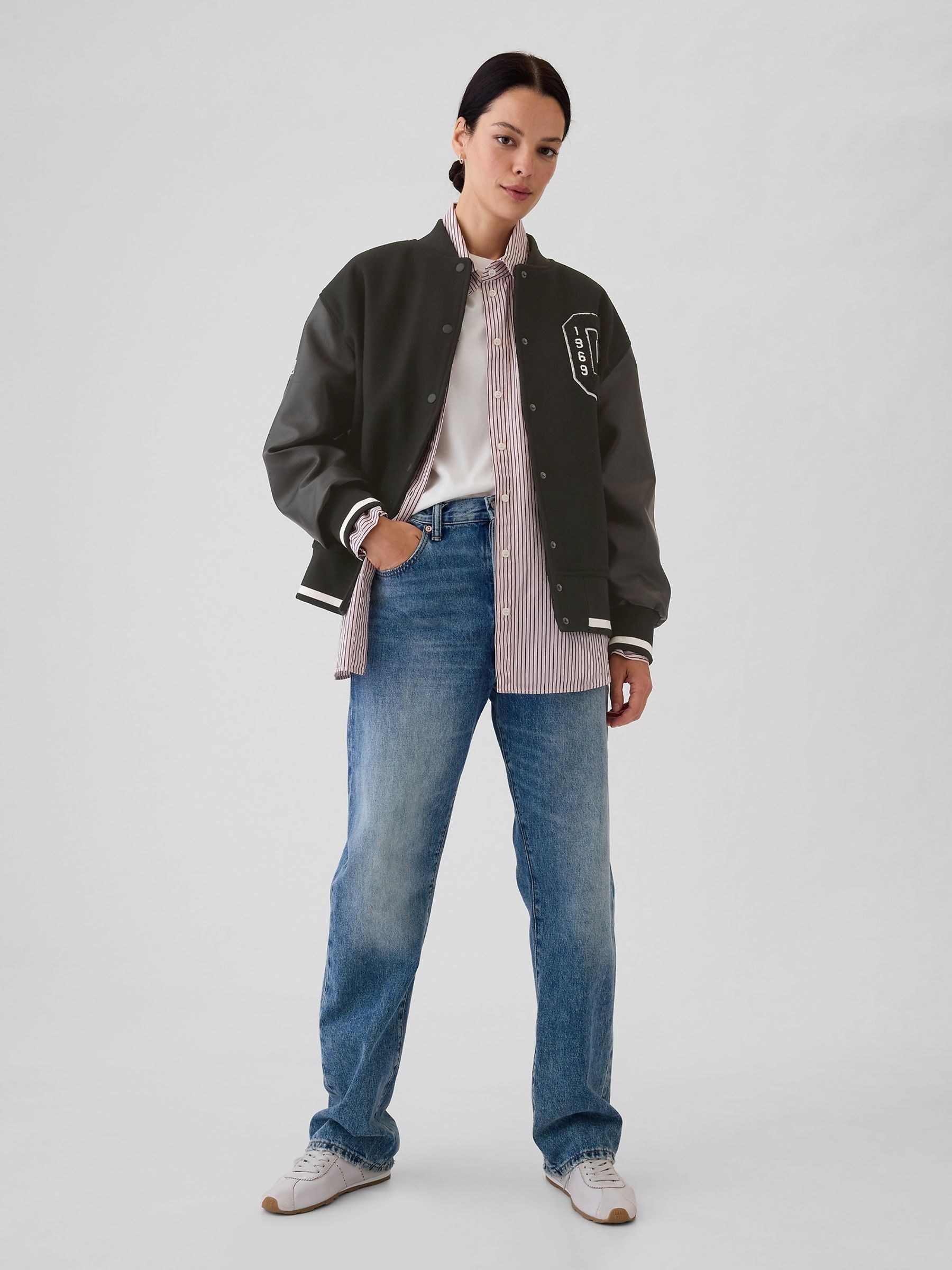 Black Wool Blend Logo Varsity Boyfriend Bomber Jacket - Image 3 of 7