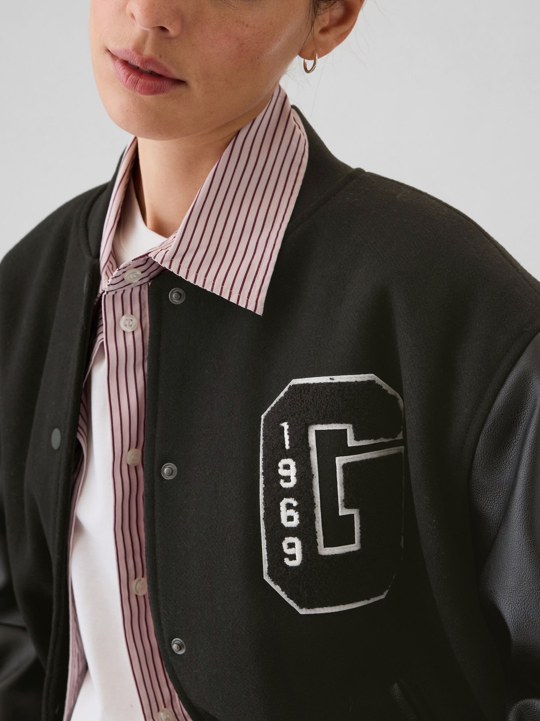 Black Wool Blend Logo Varsity Boyfriend Bomber Jacket - Image 4 of 7