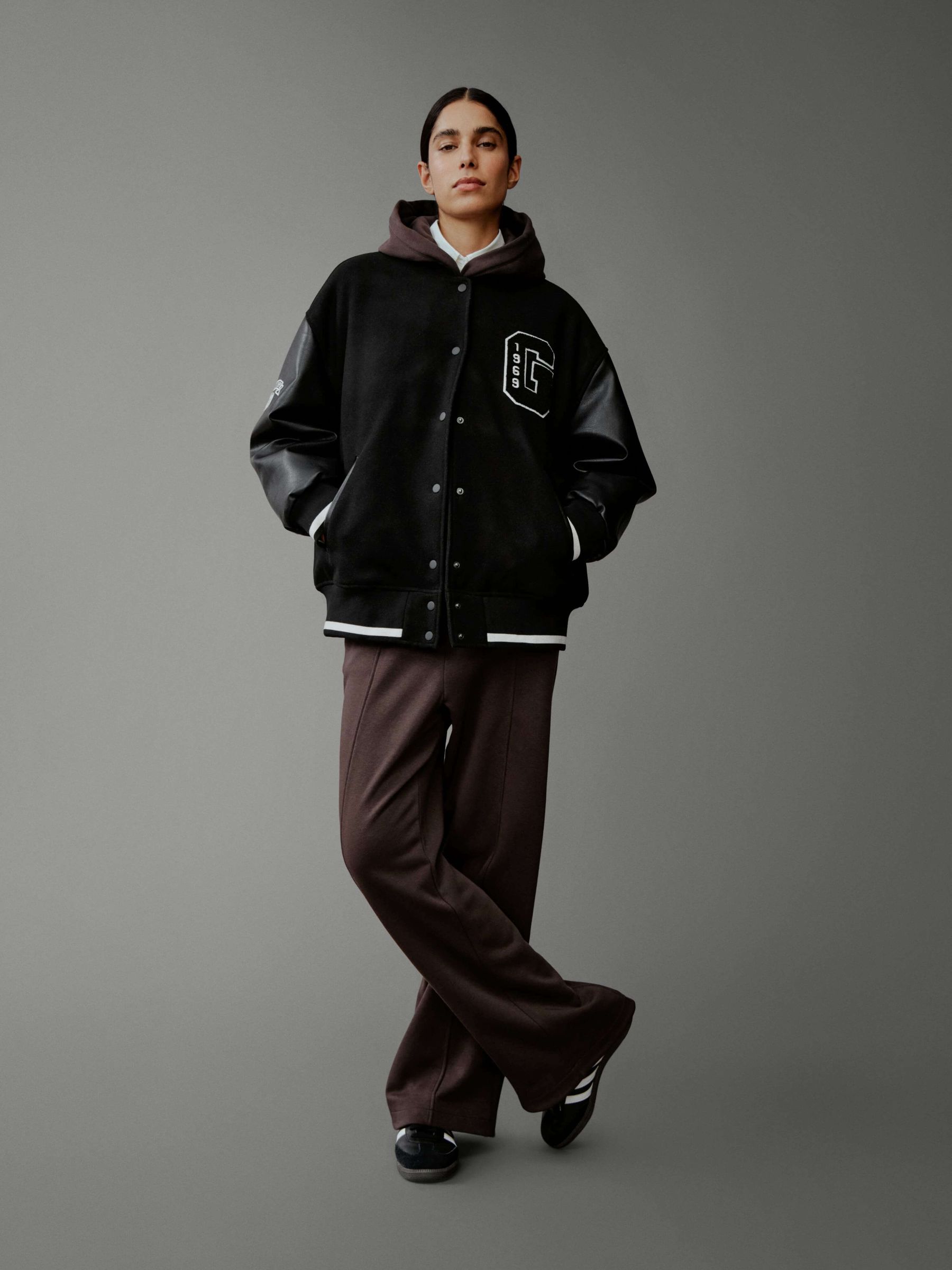 Black Wool Blend Logo Varsity Boyfriend Bomber Jacket - Image 6 of 7