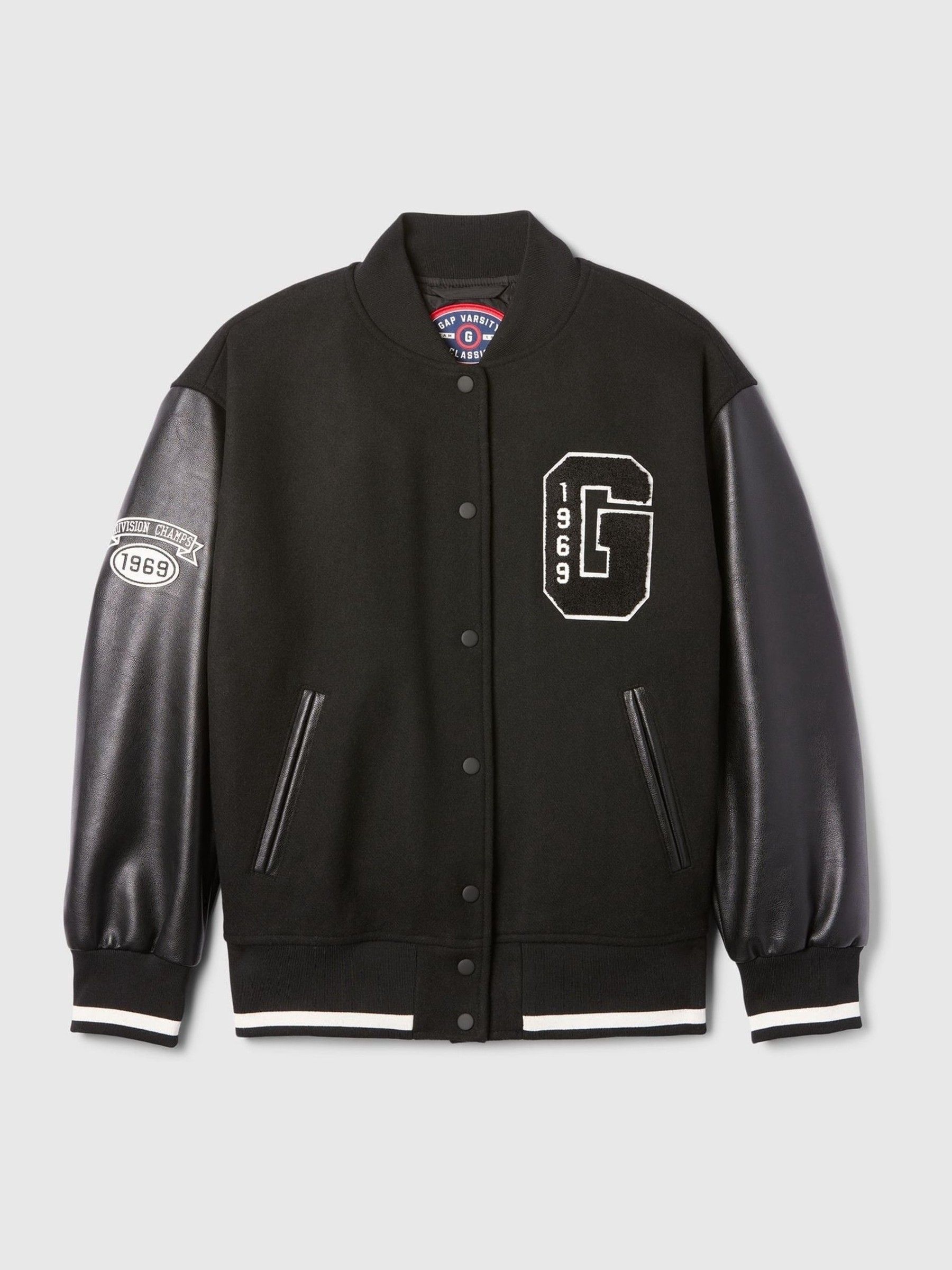 Black Wool Blend Logo Varsity Boyfriend Bomber Jacket - Image 7 of 7