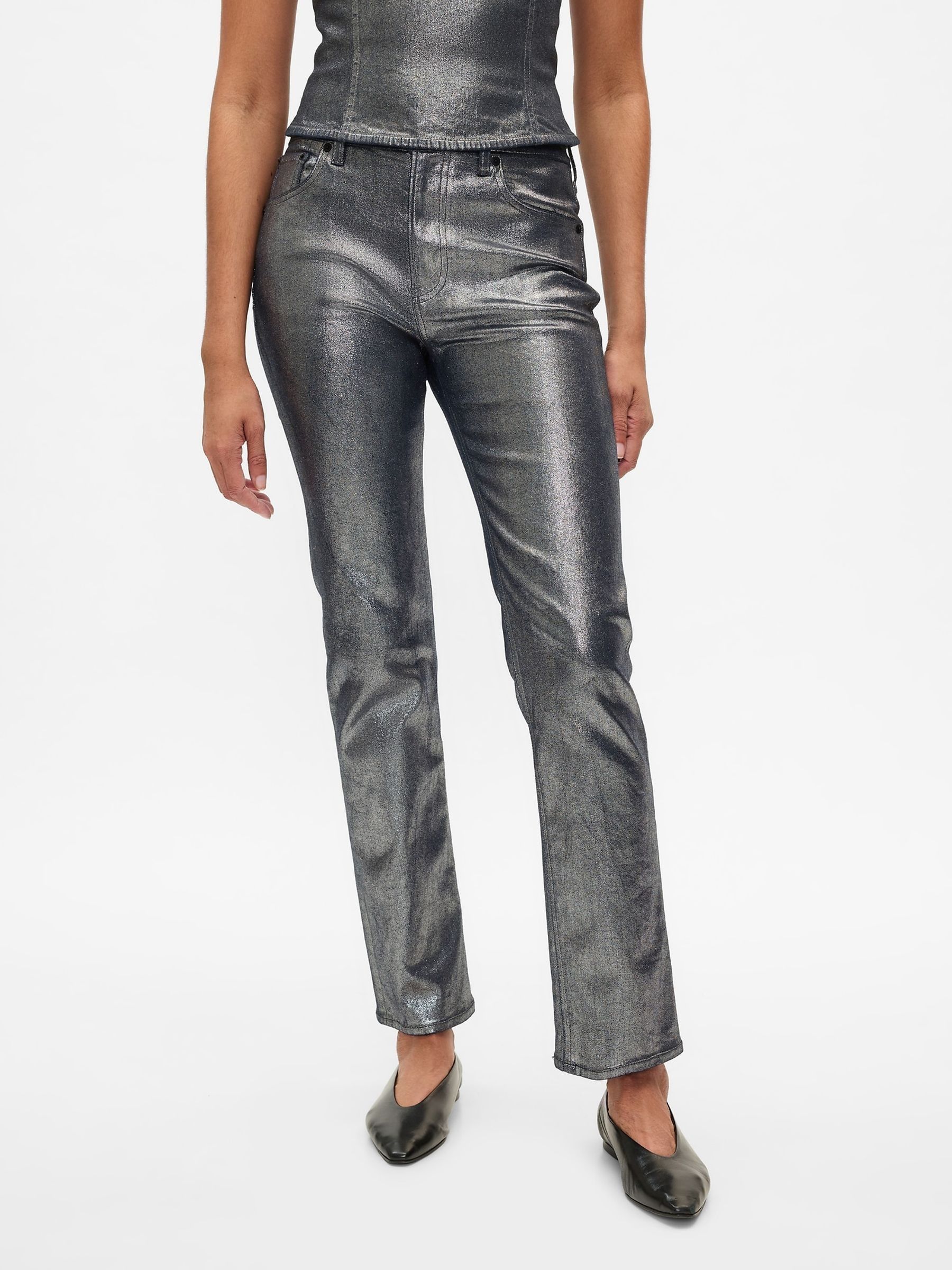 Silver High Waisted Metallic 90s Straight Jeans - Image 2 of 6