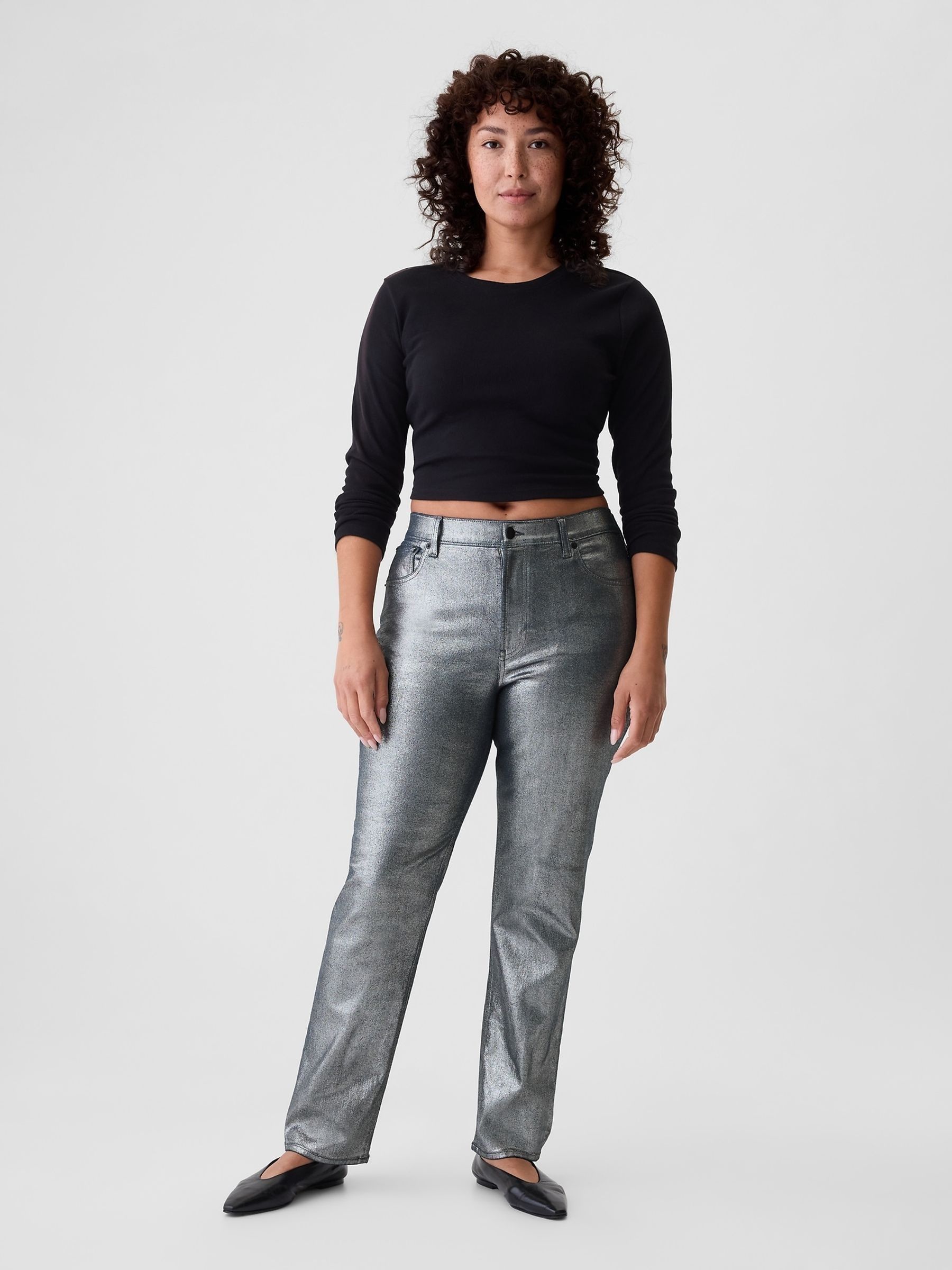Silver High Waisted Metallic 90s Straight Jeans - Image 6 of 6