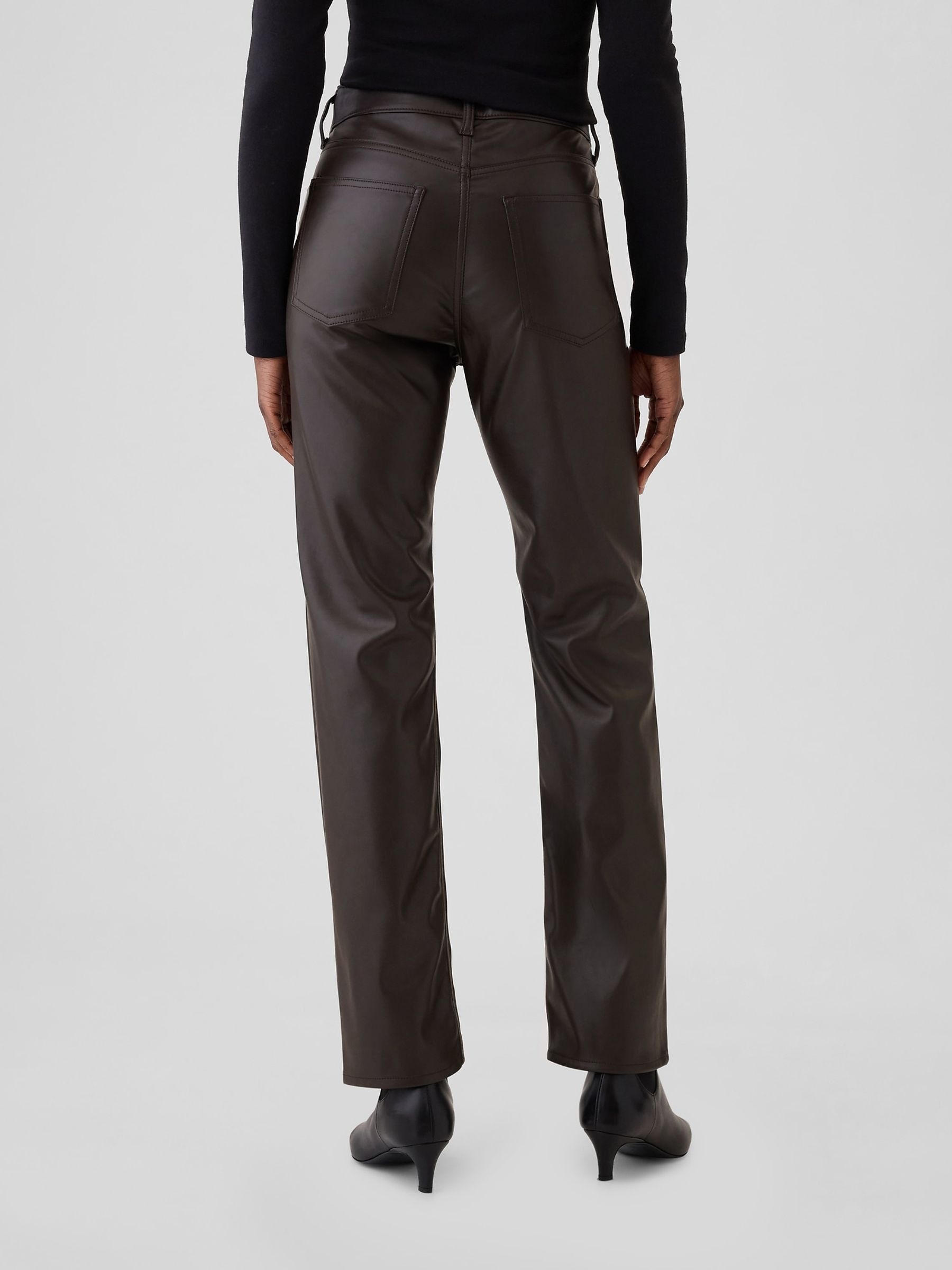 Brown High Waisted 90s Straight Leg Faux Leather Trousers - Image 3 of 6