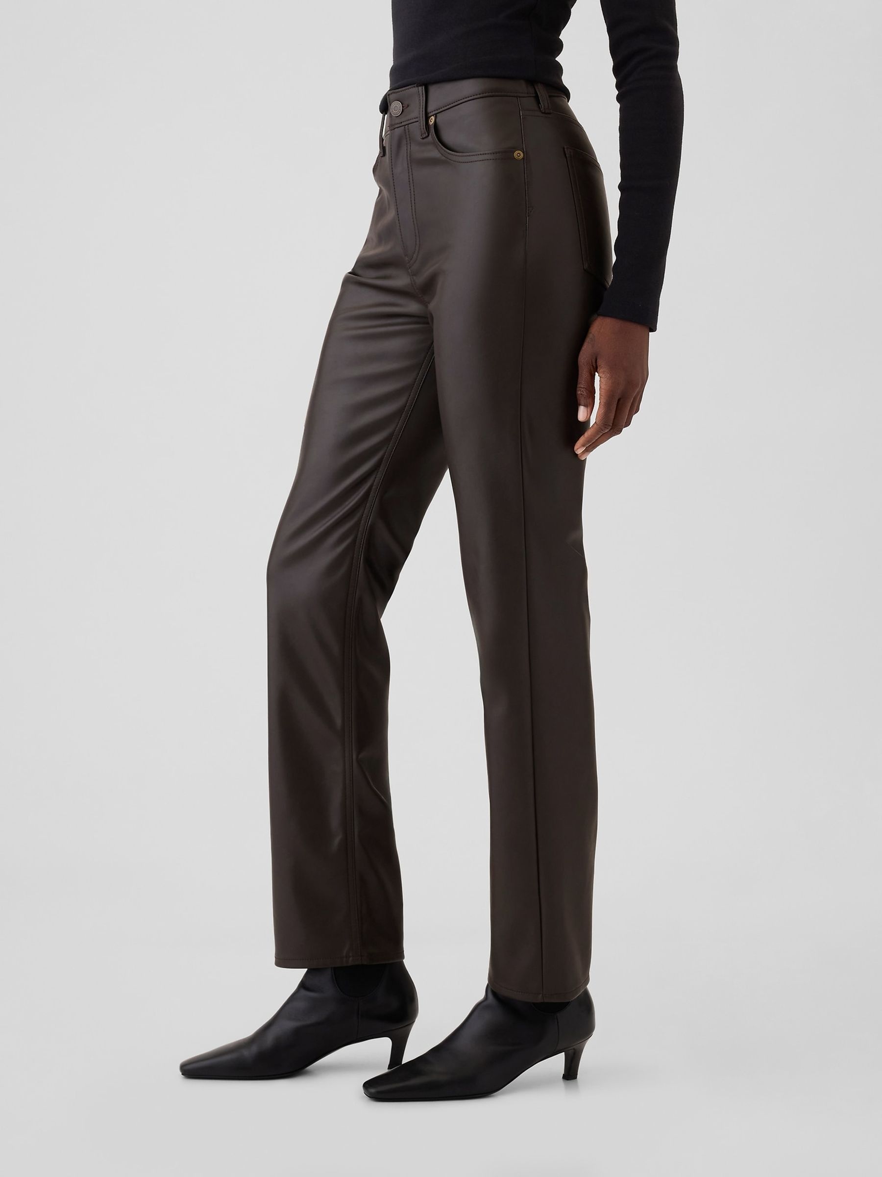 Brown High Waisted 90s Straight Leg Faux Leather Trousers - Image 4 of 6