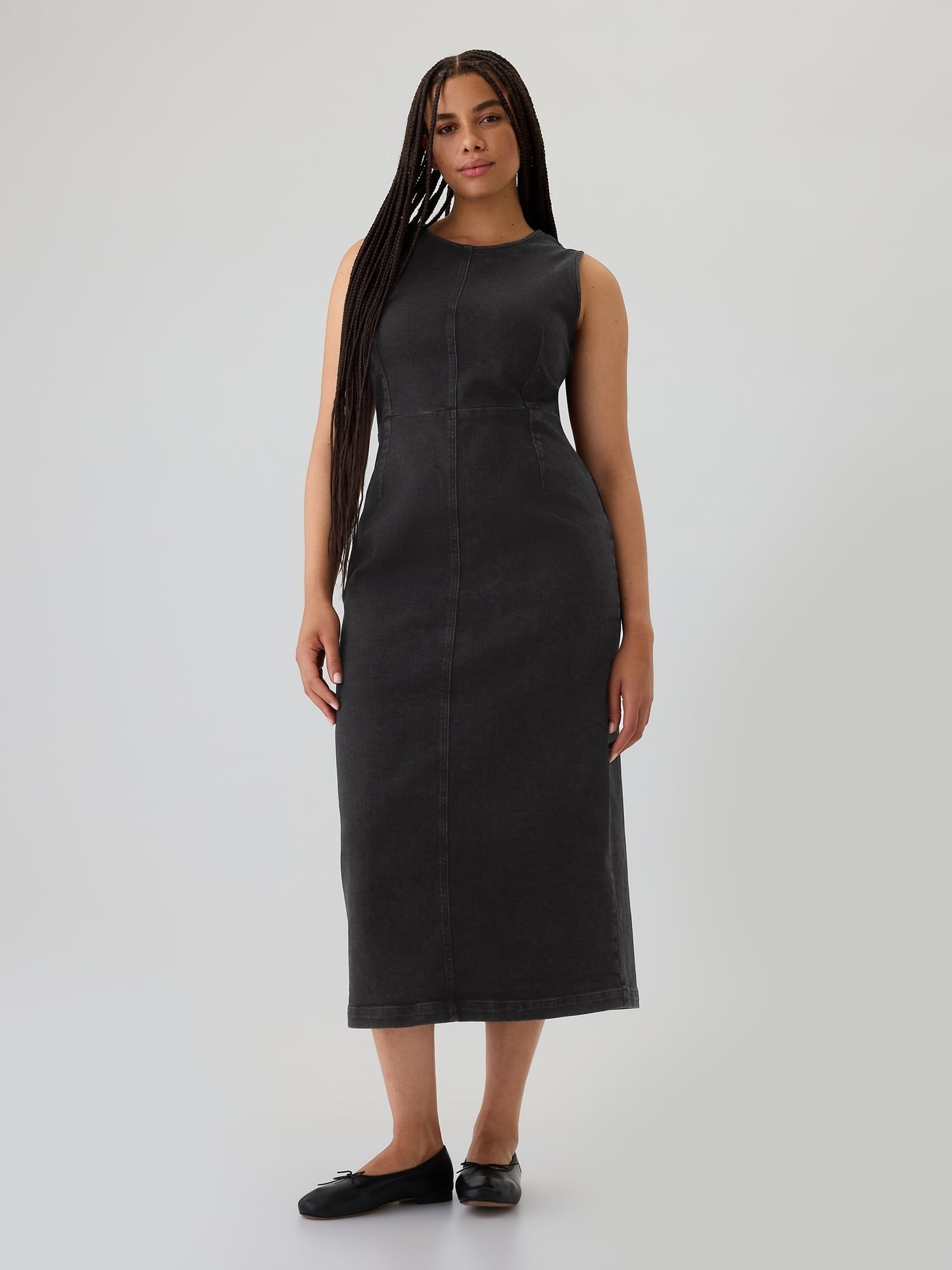 Black Denim Crew Neck Midi Dress