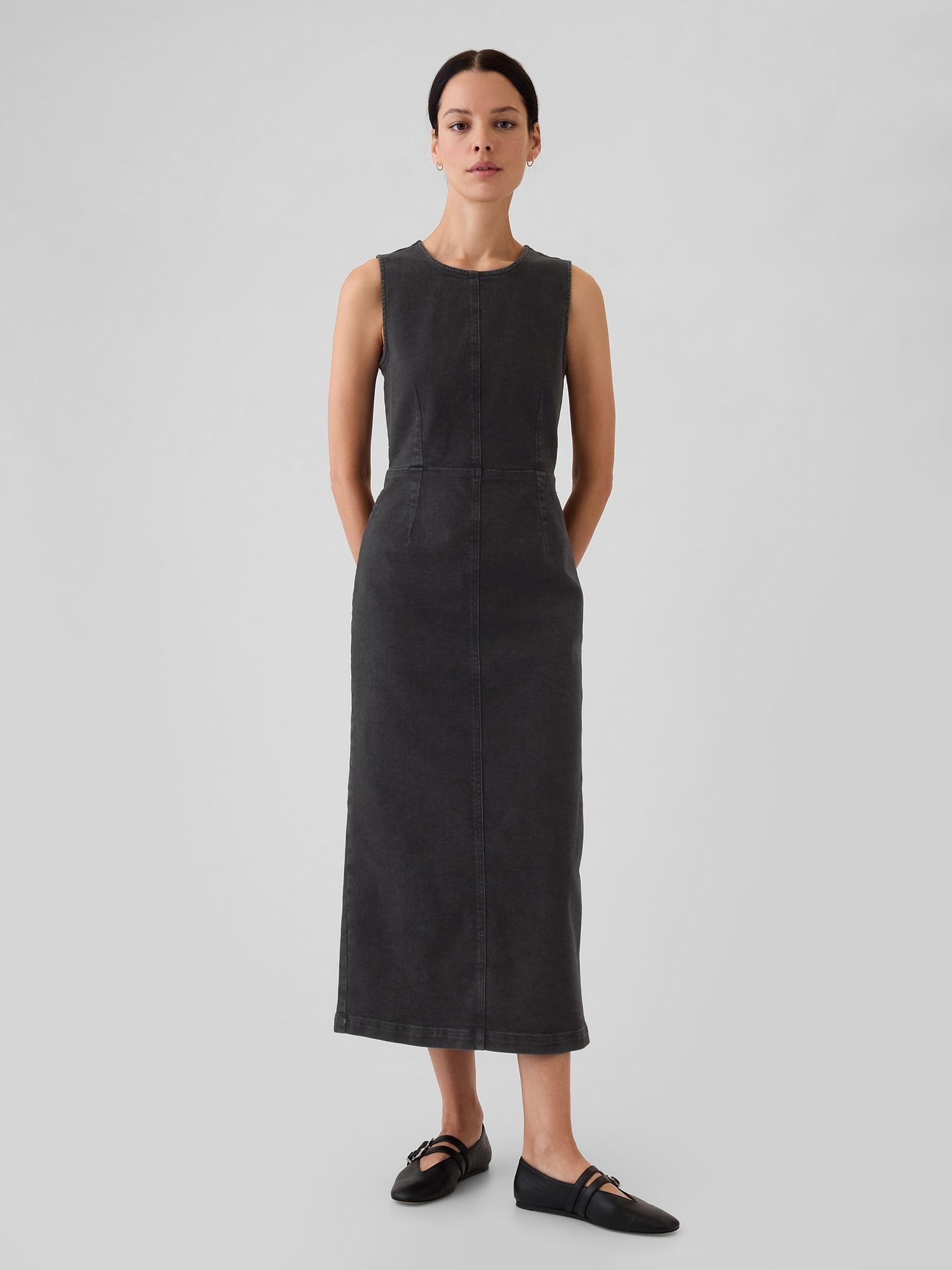 Black Denim Crew Neck Midi Dress - Image 2 of 5