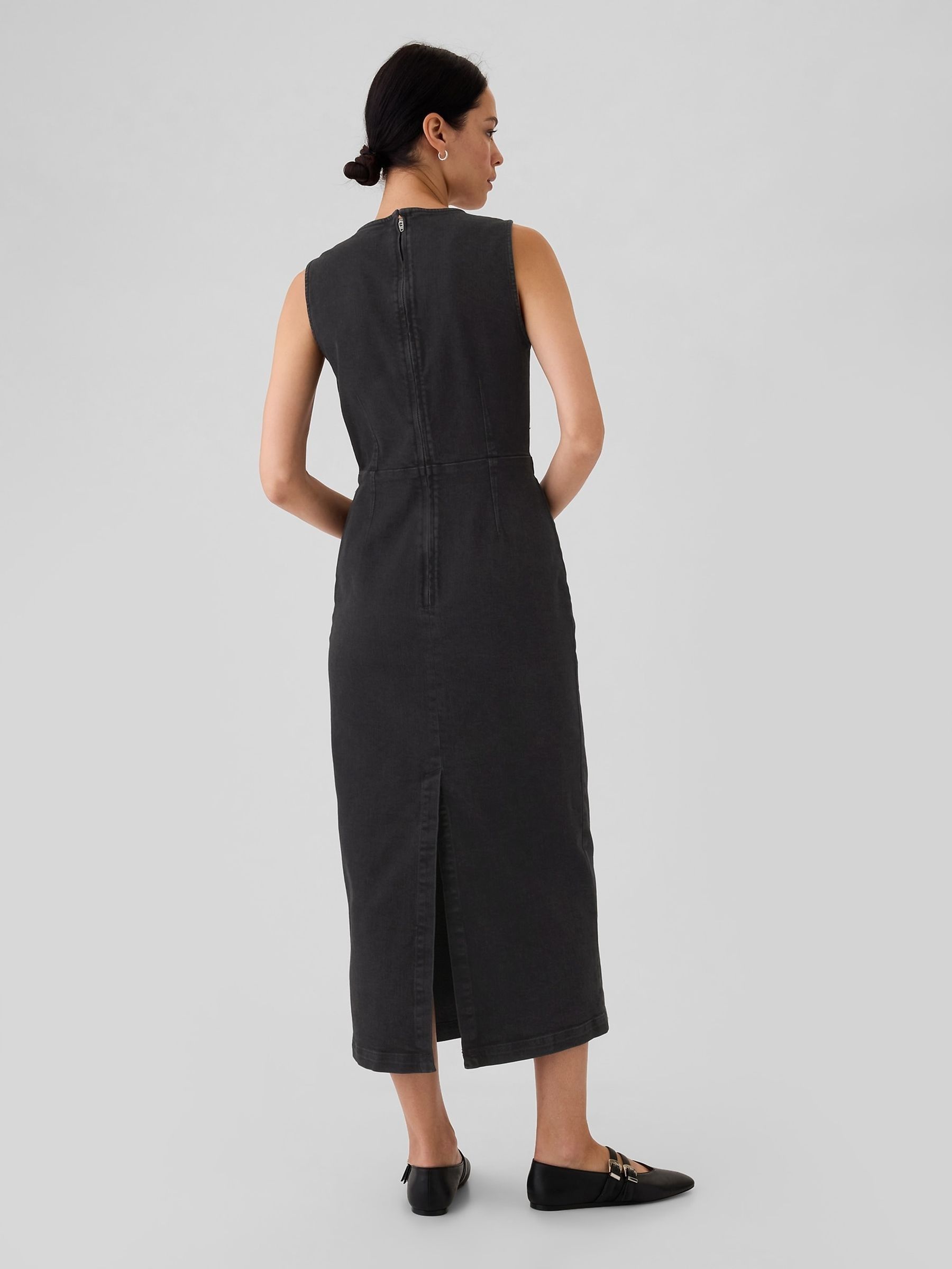 Black Denim Crew Neck Midi Dress - Image 3 of 5