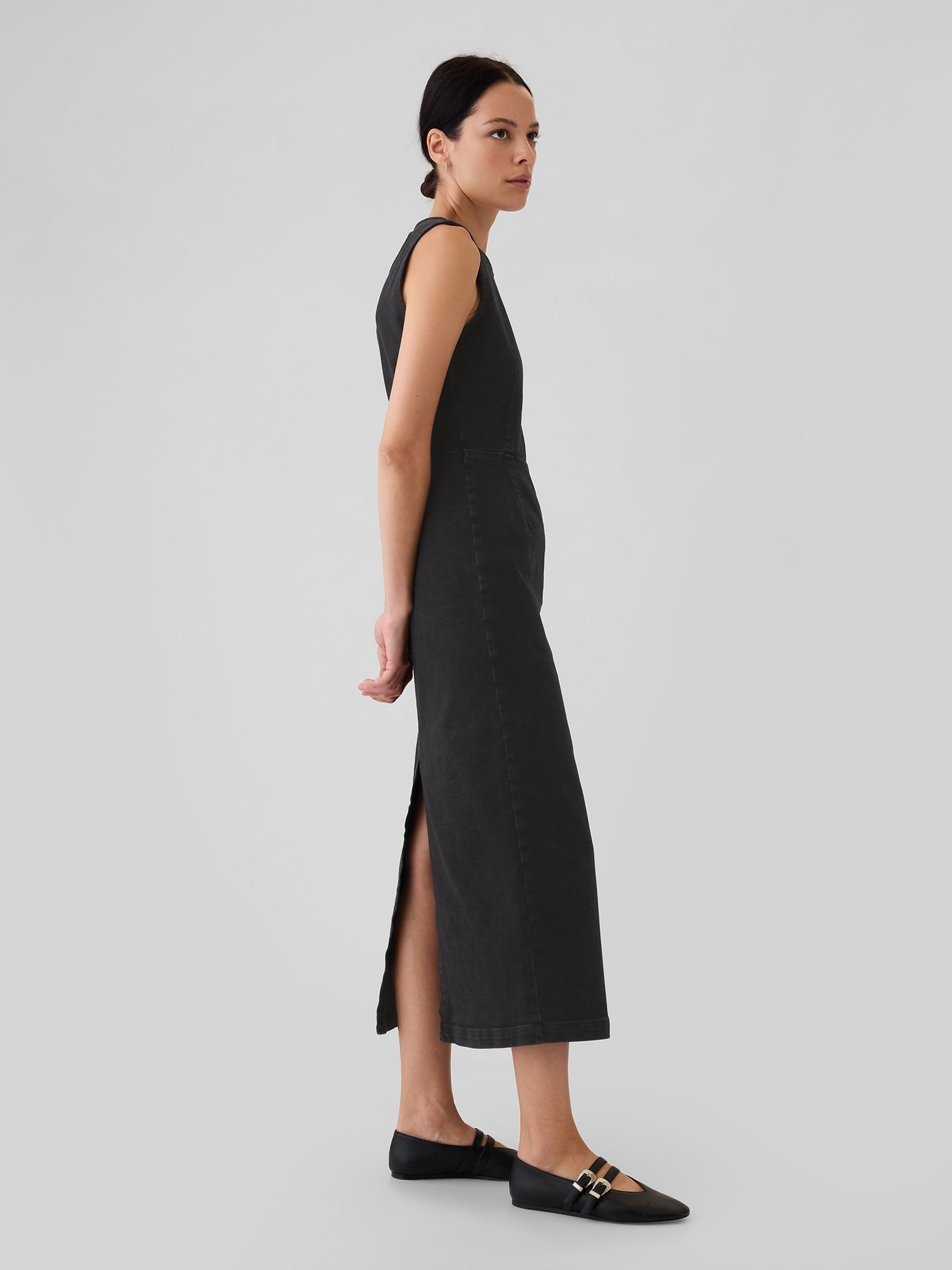 Black Denim Crew Neck Midi Dress - Image 4 of 5