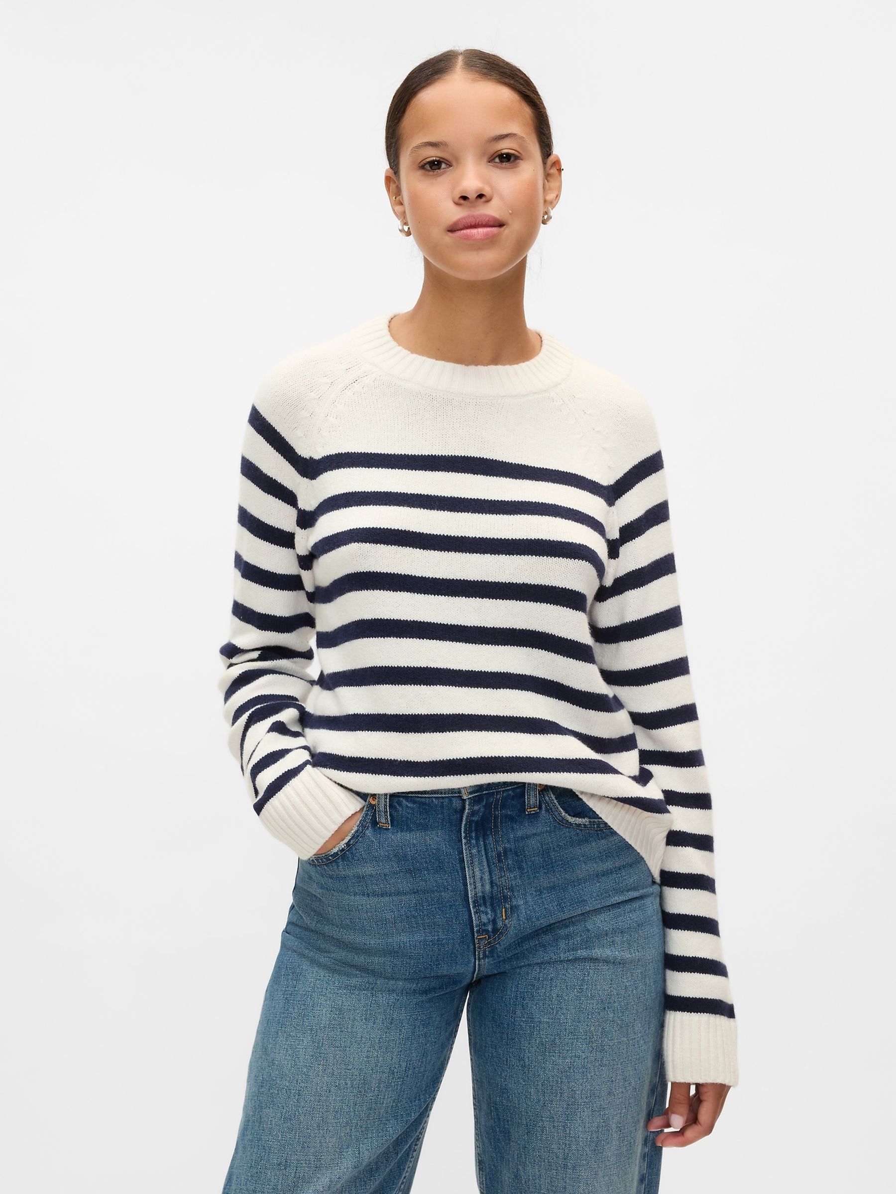 White/Black Stripe CashSoft Crew Neck Jumper - Image 1 of 5