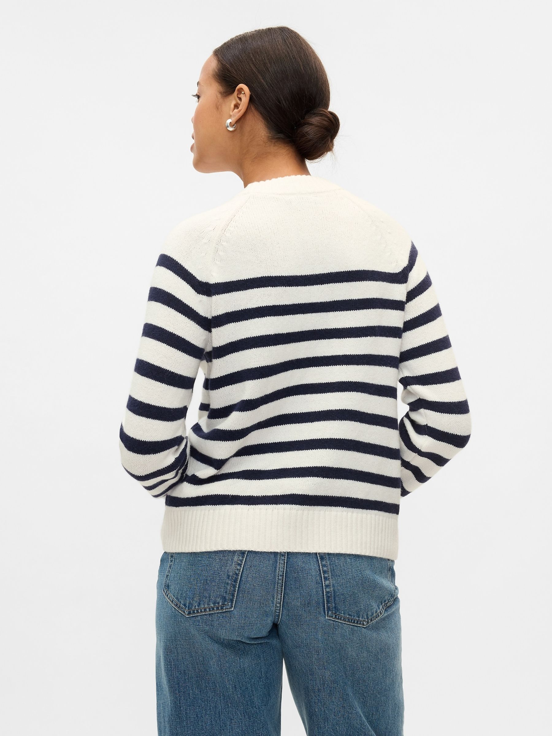 White/Black Stripe CashSoft Crew Neck Jumper - Image 2 of 5