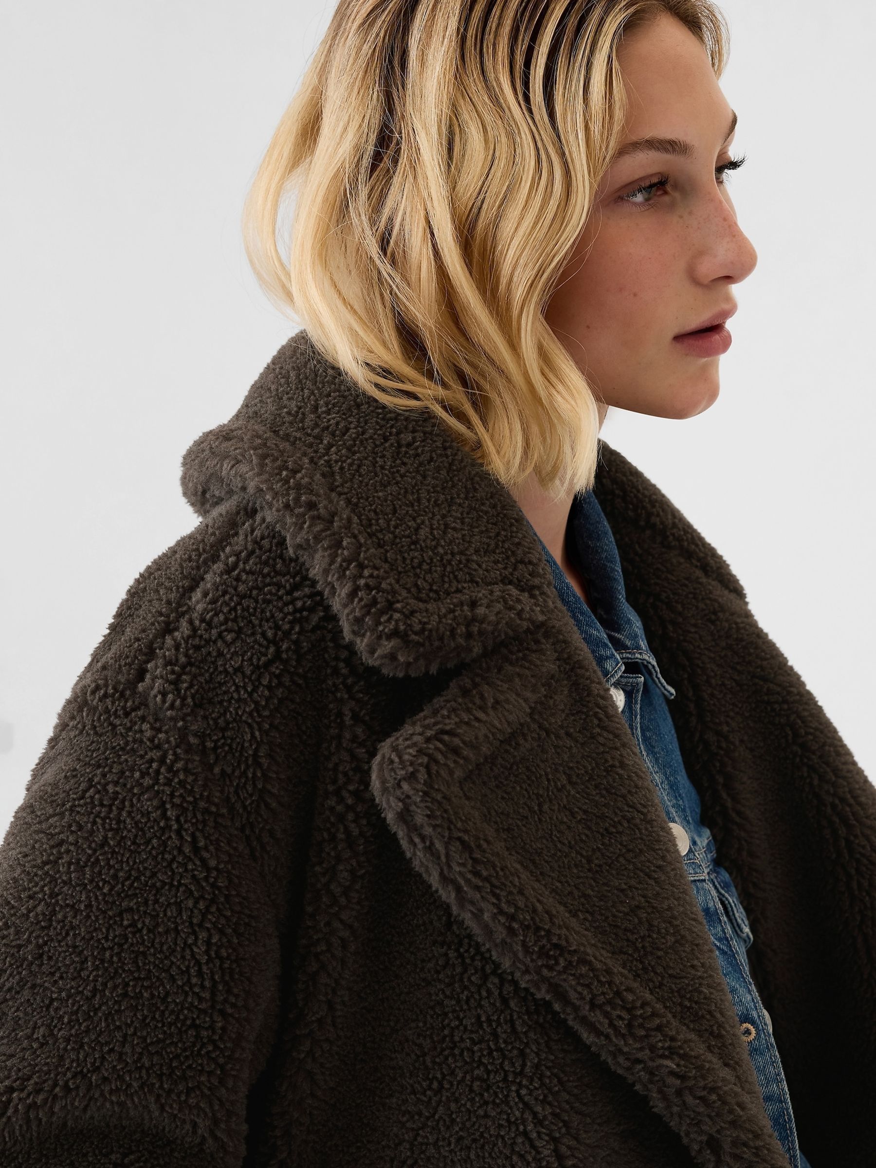 Brown Teddy Borg Sherpa Long Coat - Image 2 of 5