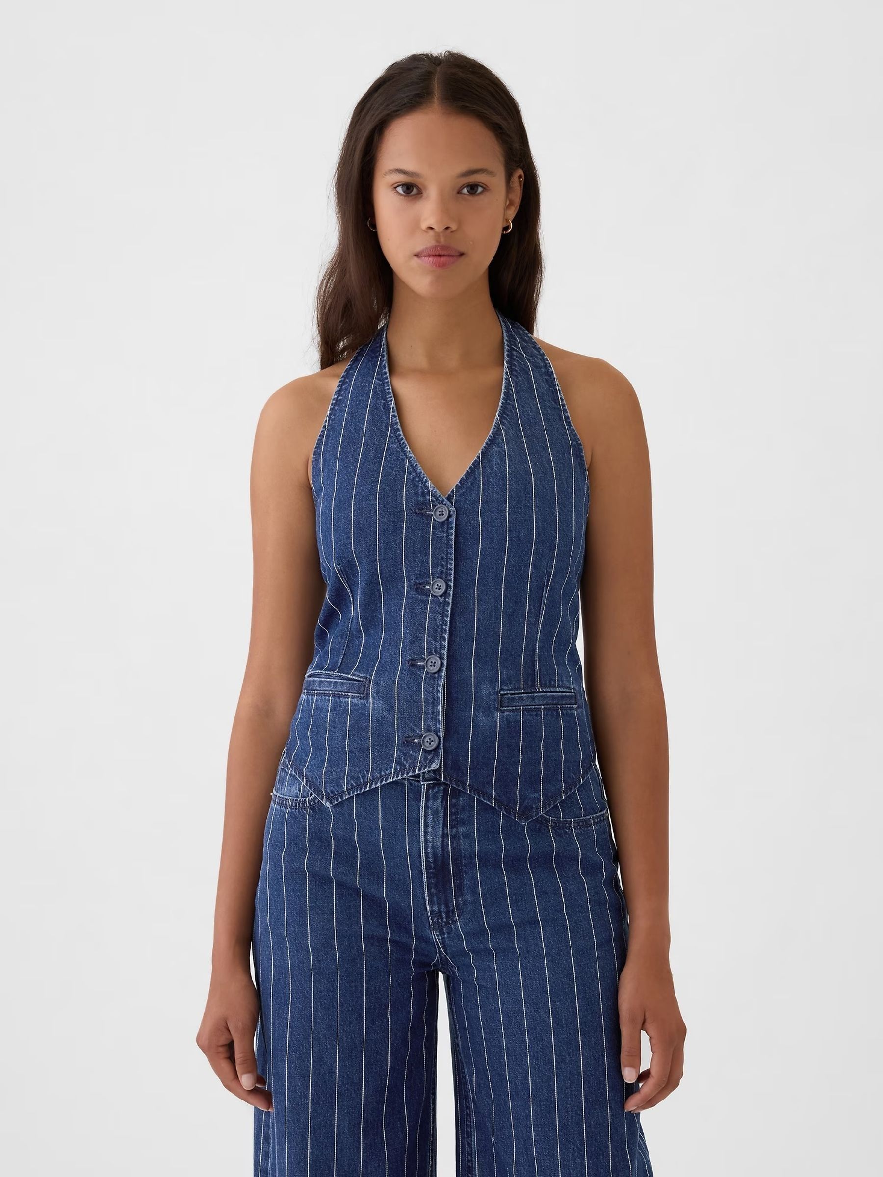 Blue Pinstripe Denim Halter Waistcoat - Image 1 of 5