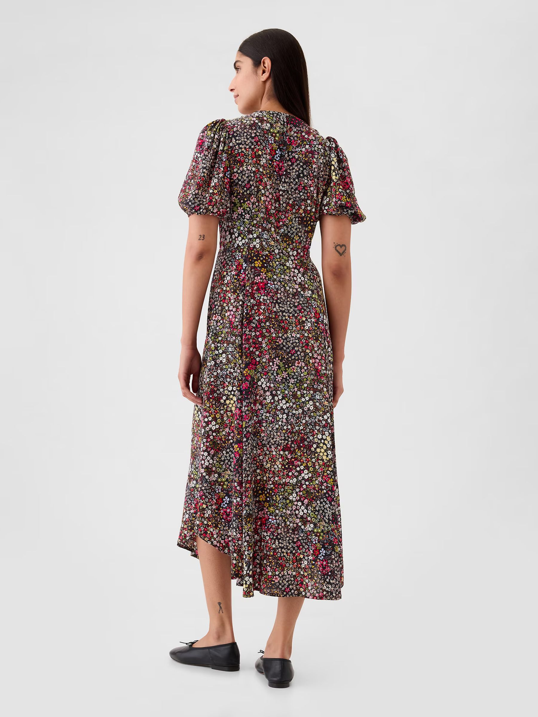 Black Floral Puff Sleeve Midi Dress - Image 2 of 5