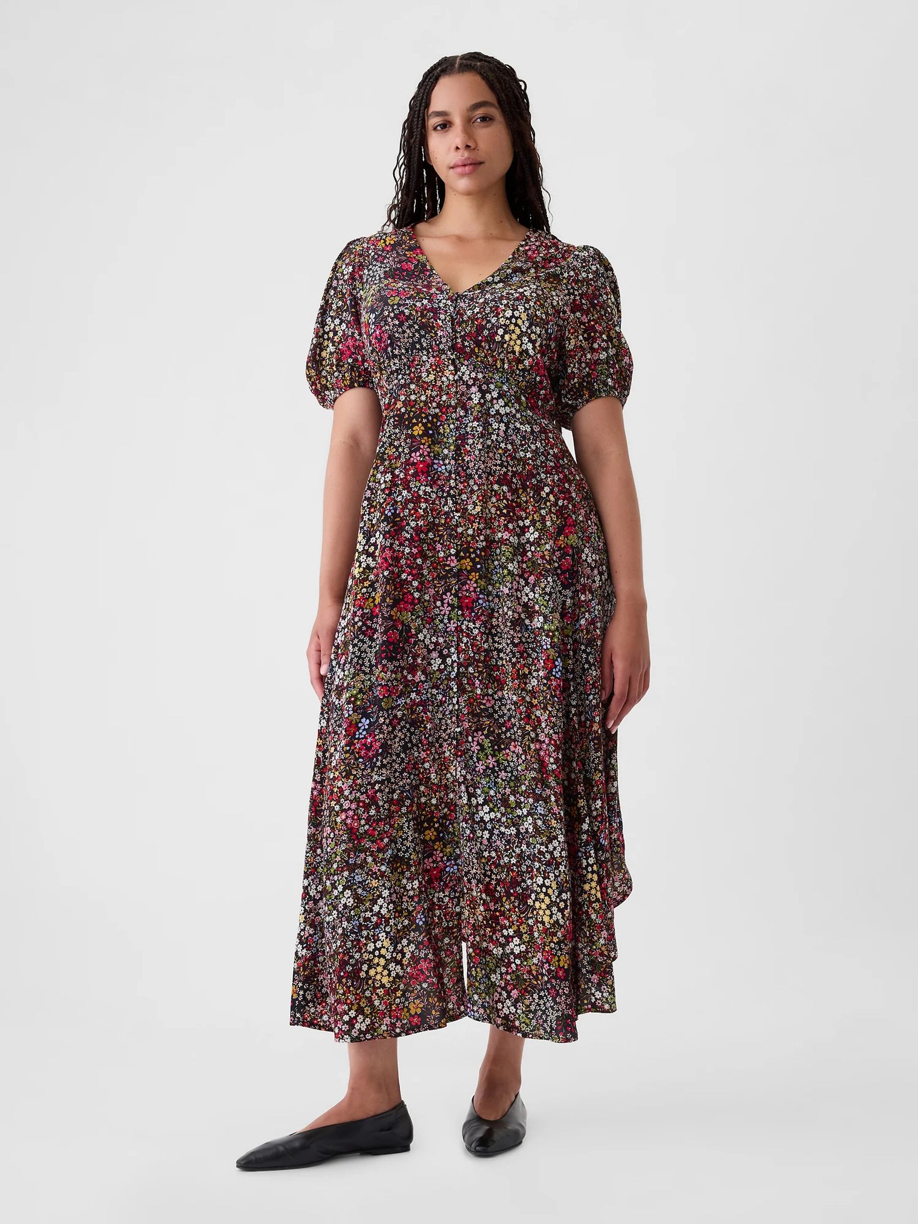 Black Floral Puff Sleeve Midi Dress - Image 3 of 5