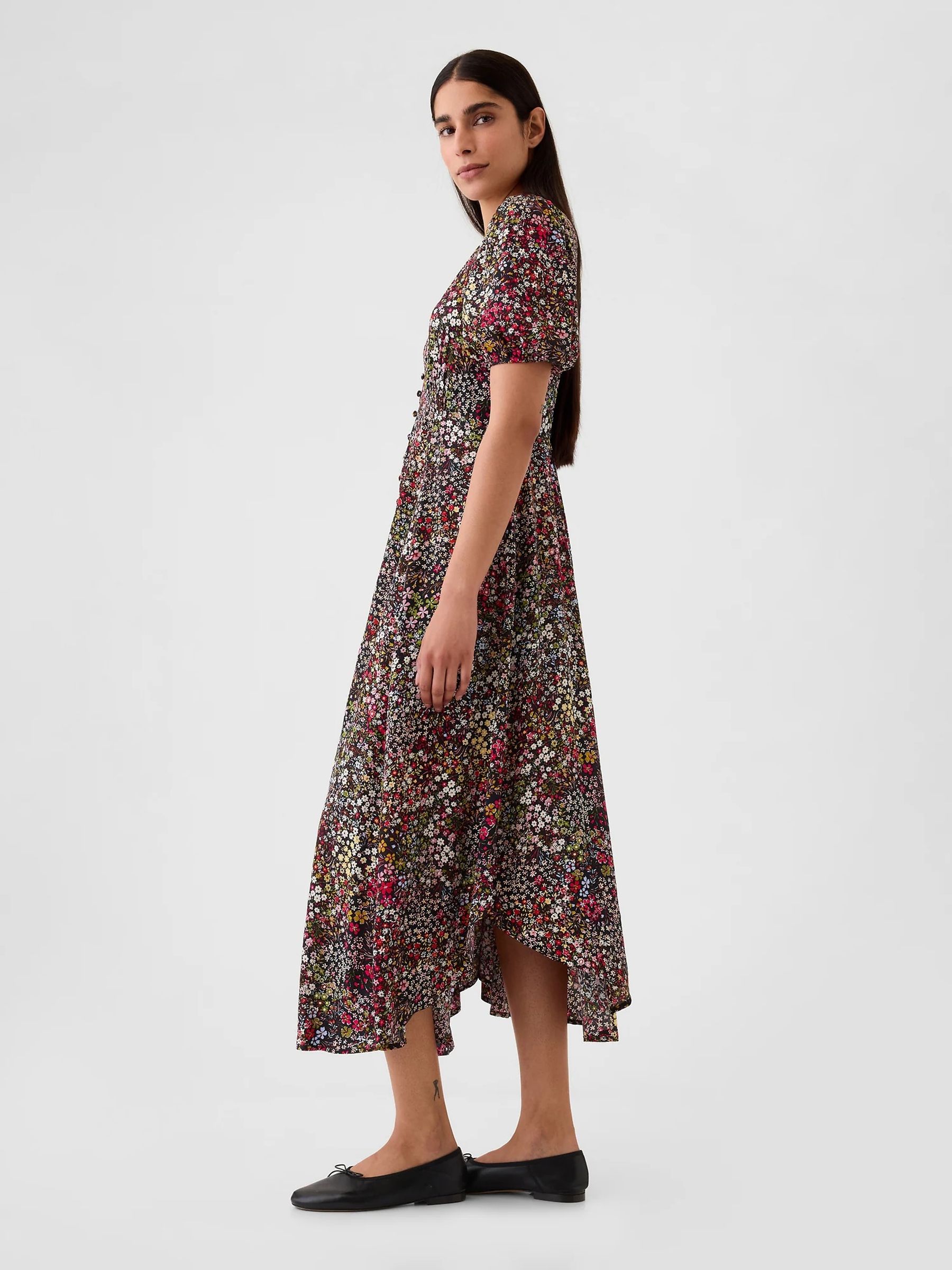 Black Floral Puff Sleeve Midi Dress - Image 4 of 5
