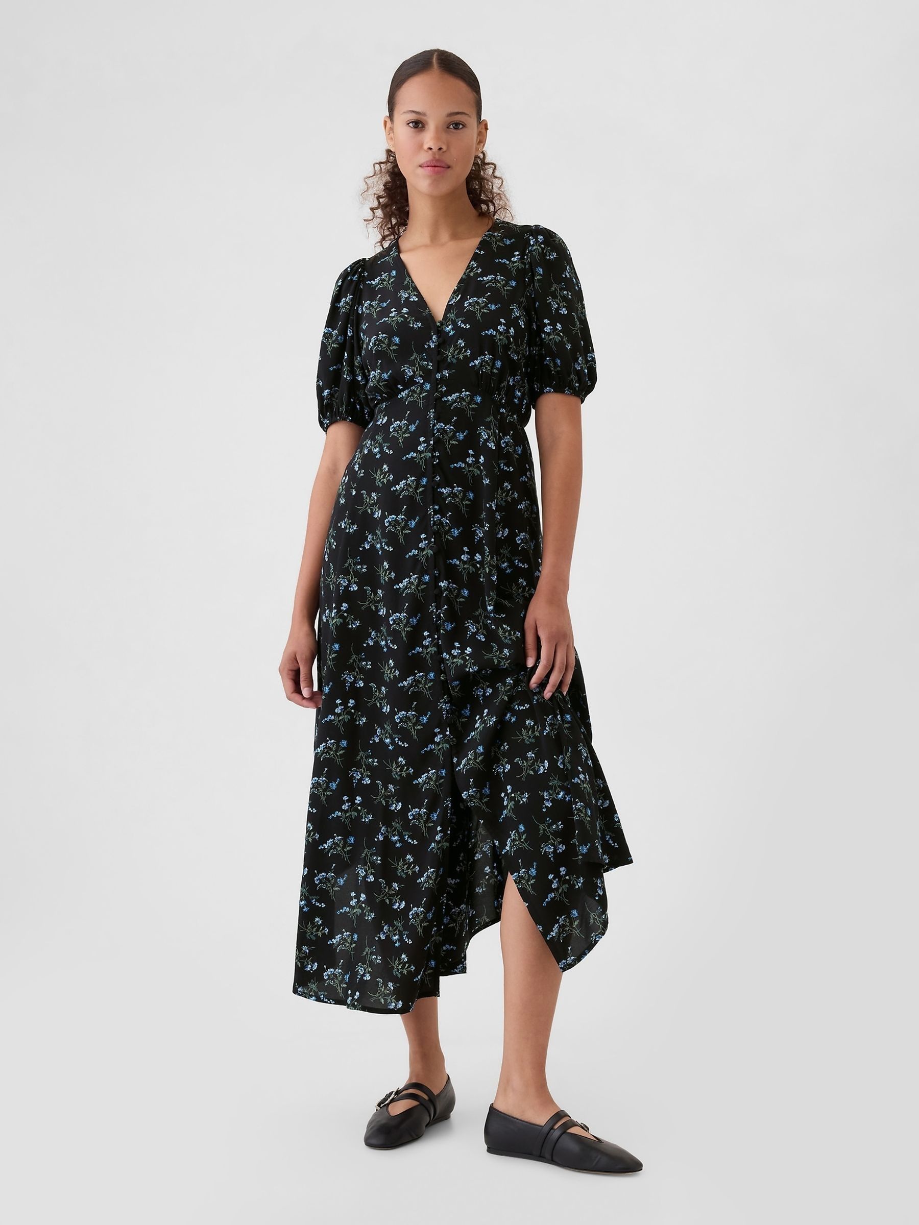 Blue Floral Puff Sleeve Midi Dress - Image 2 of 5