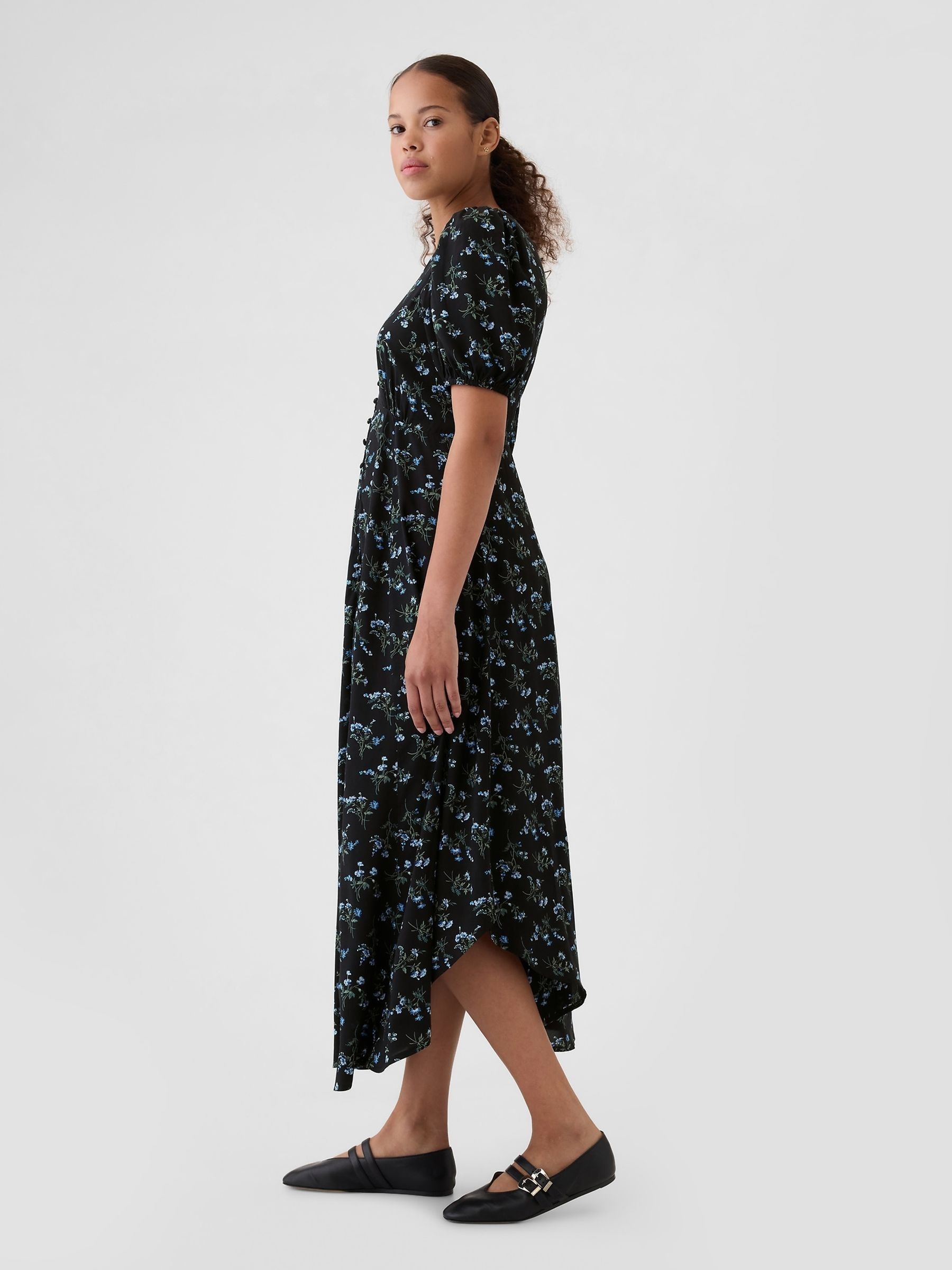 Blue Floral Puff Sleeve Midi Dress - Image 4 of 5