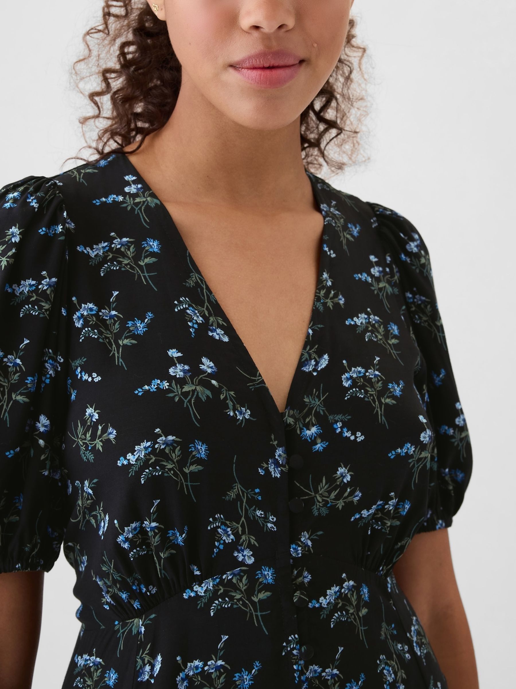 Blue Floral Puff Sleeve Midi Dress - Image 5 of 5