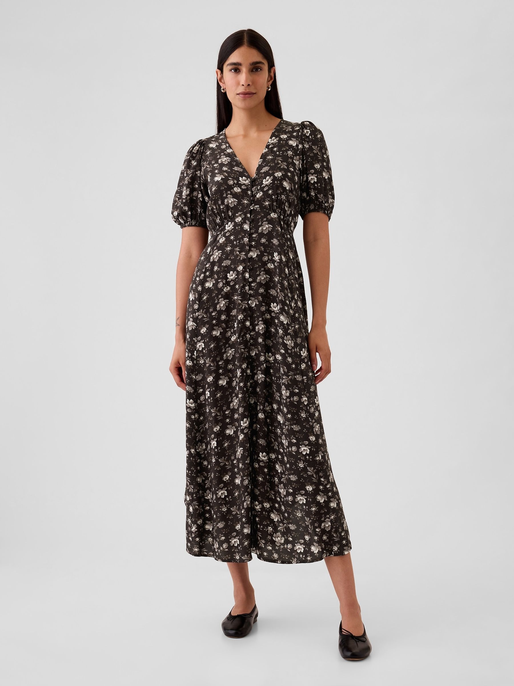 Black/White Floral Puff Sleeve Midi Dress - Image 2 of 5