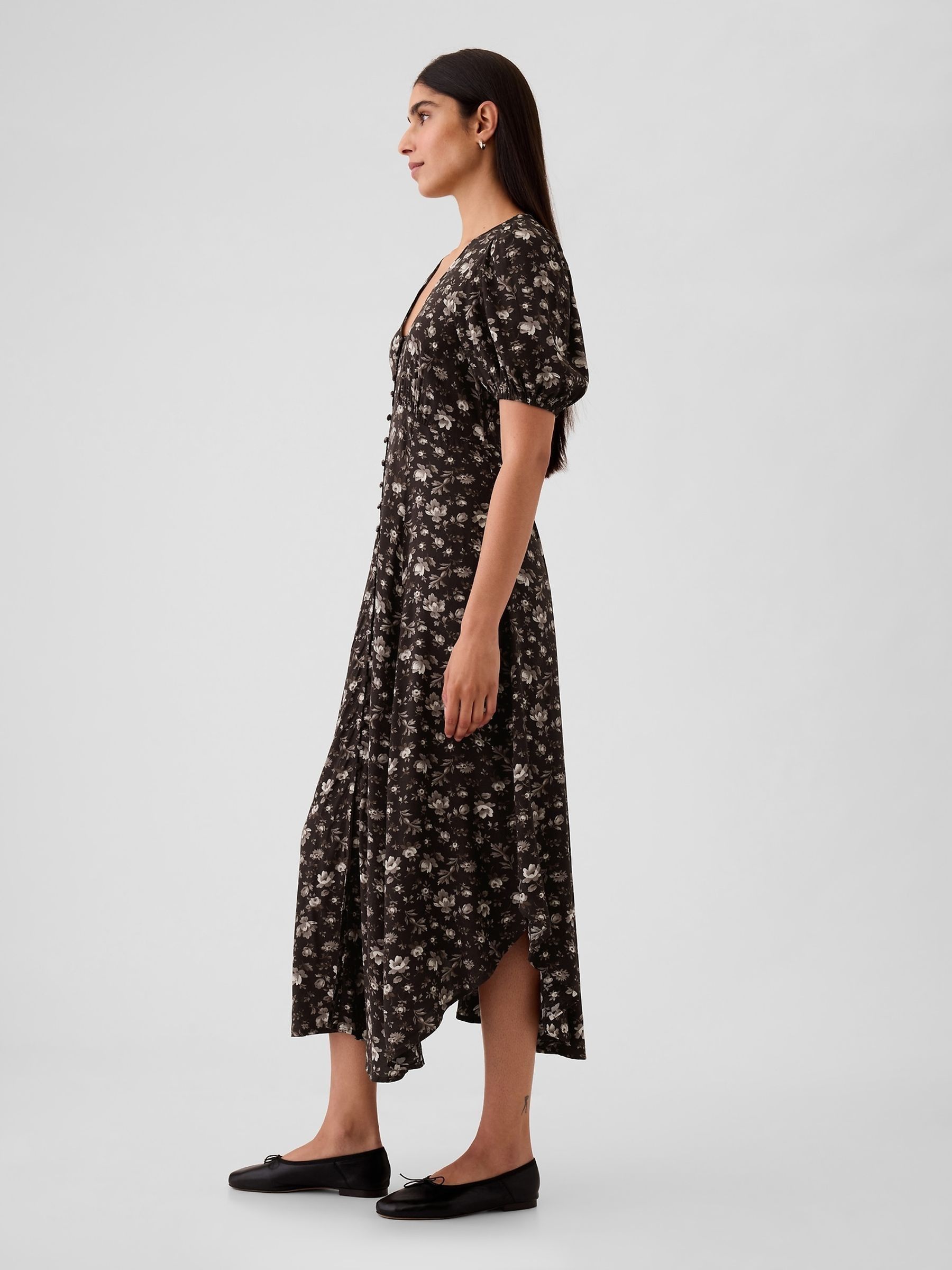 Black/White Floral Puff Sleeve Midi Dress - Image 3 of 5