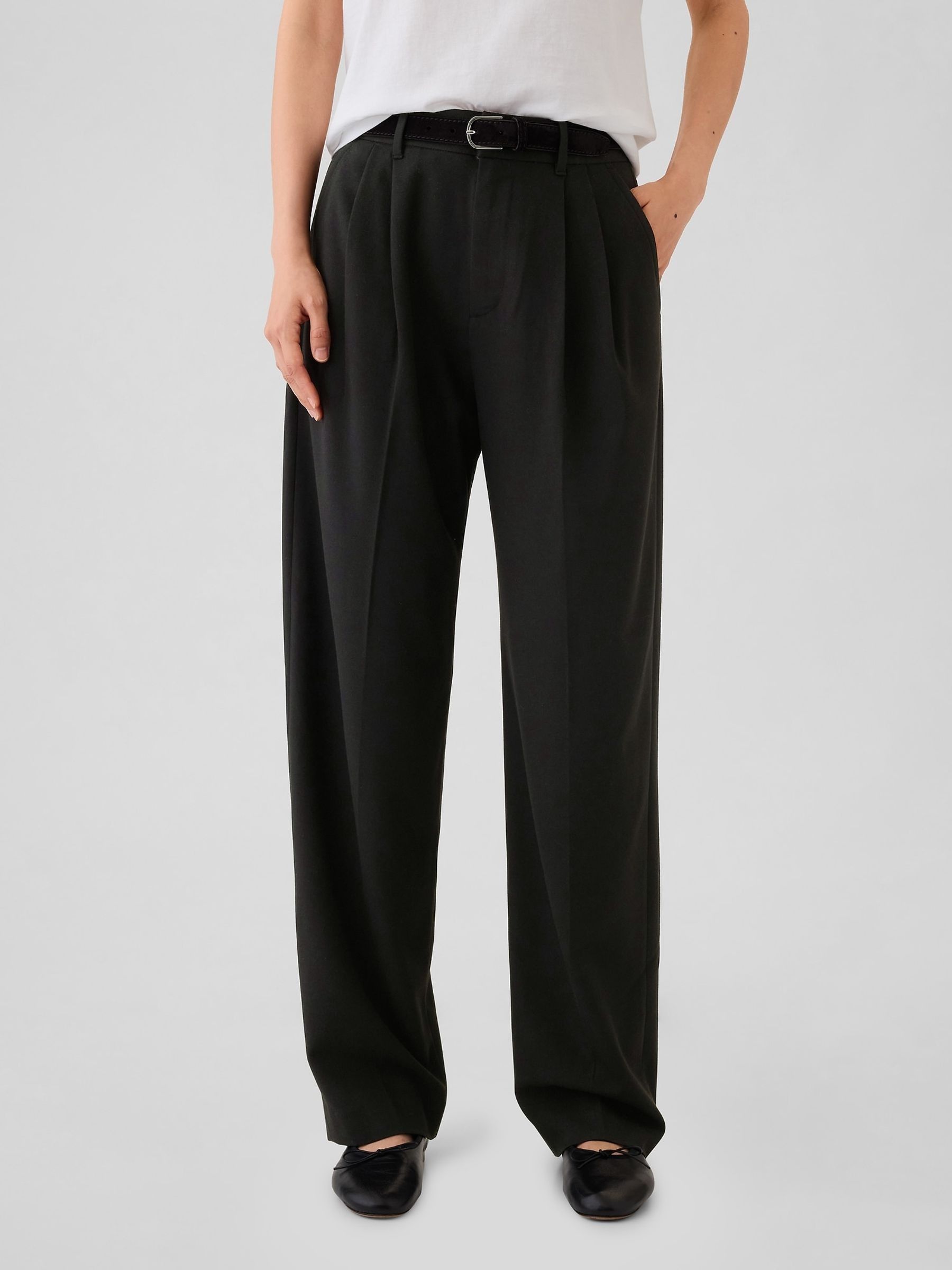 Black Everyday High Waisted Brushed Twill Pleated Taper Trousers - Image 2 of 5