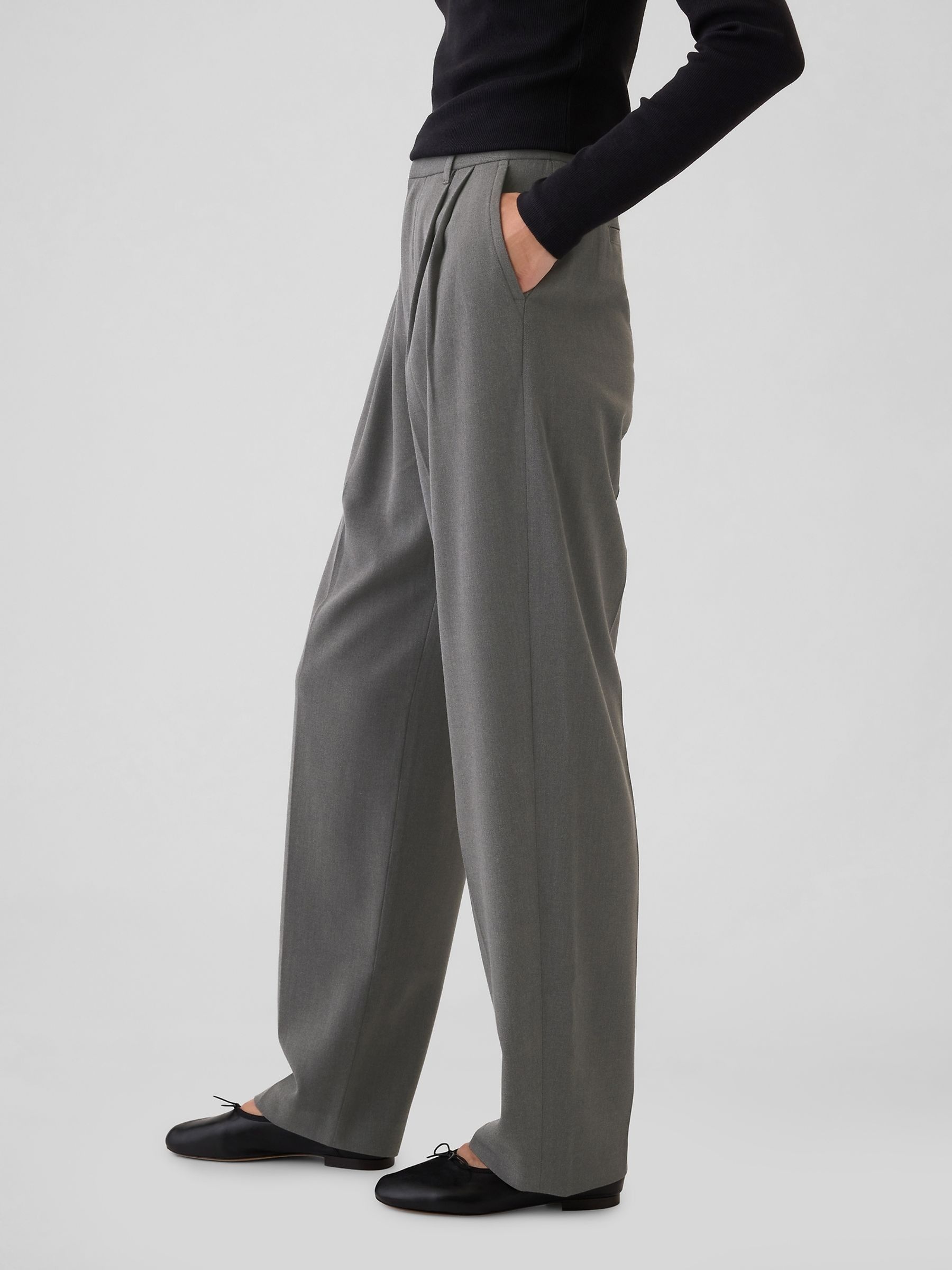 Grey Everyday High Waisted Brushed Twill Pleated Taper Trousers - Image 3 of 5