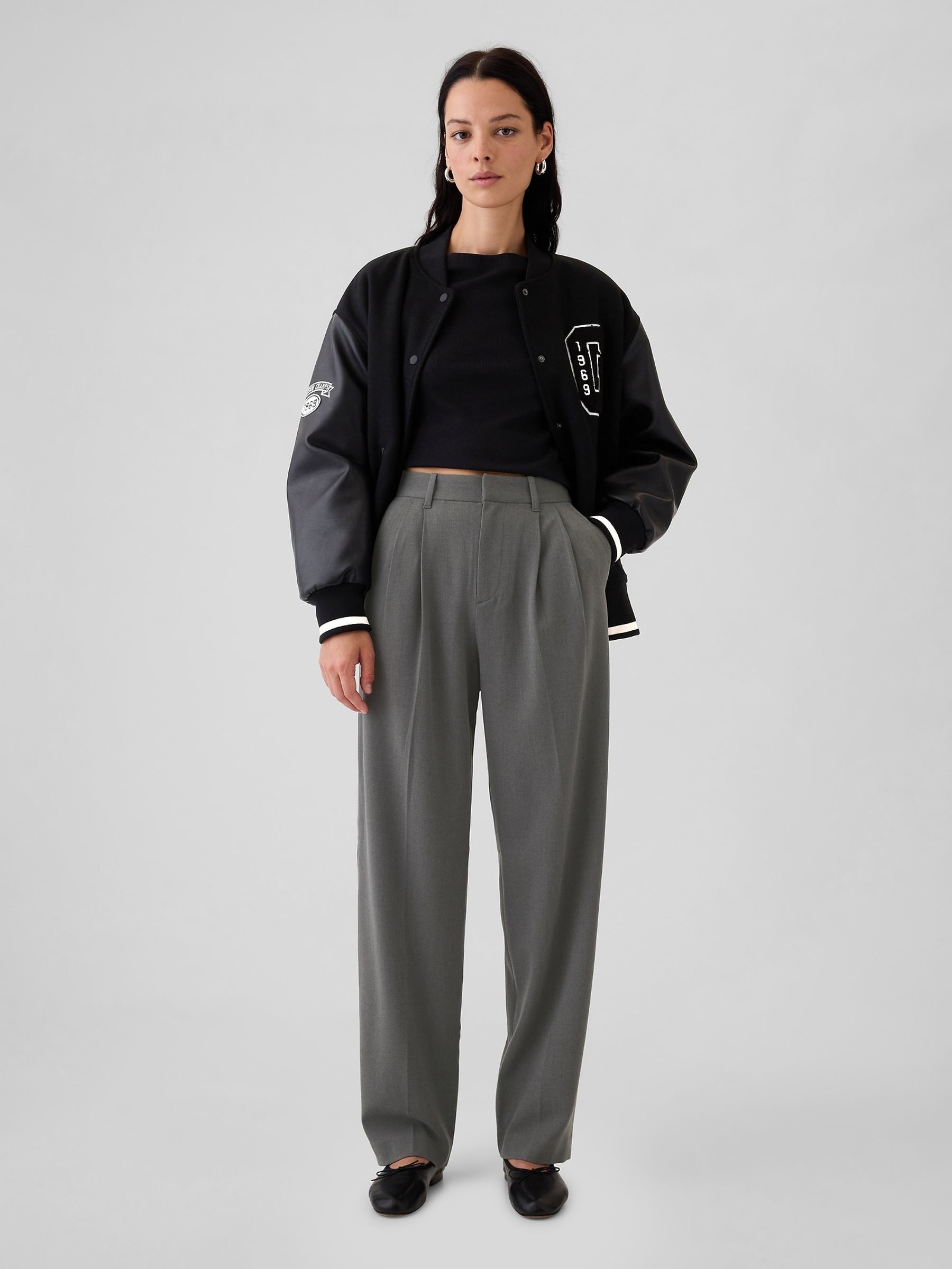 Grey Everyday High Waisted Brushed Twill Pleated Taper Trousers - Image 4 of 4