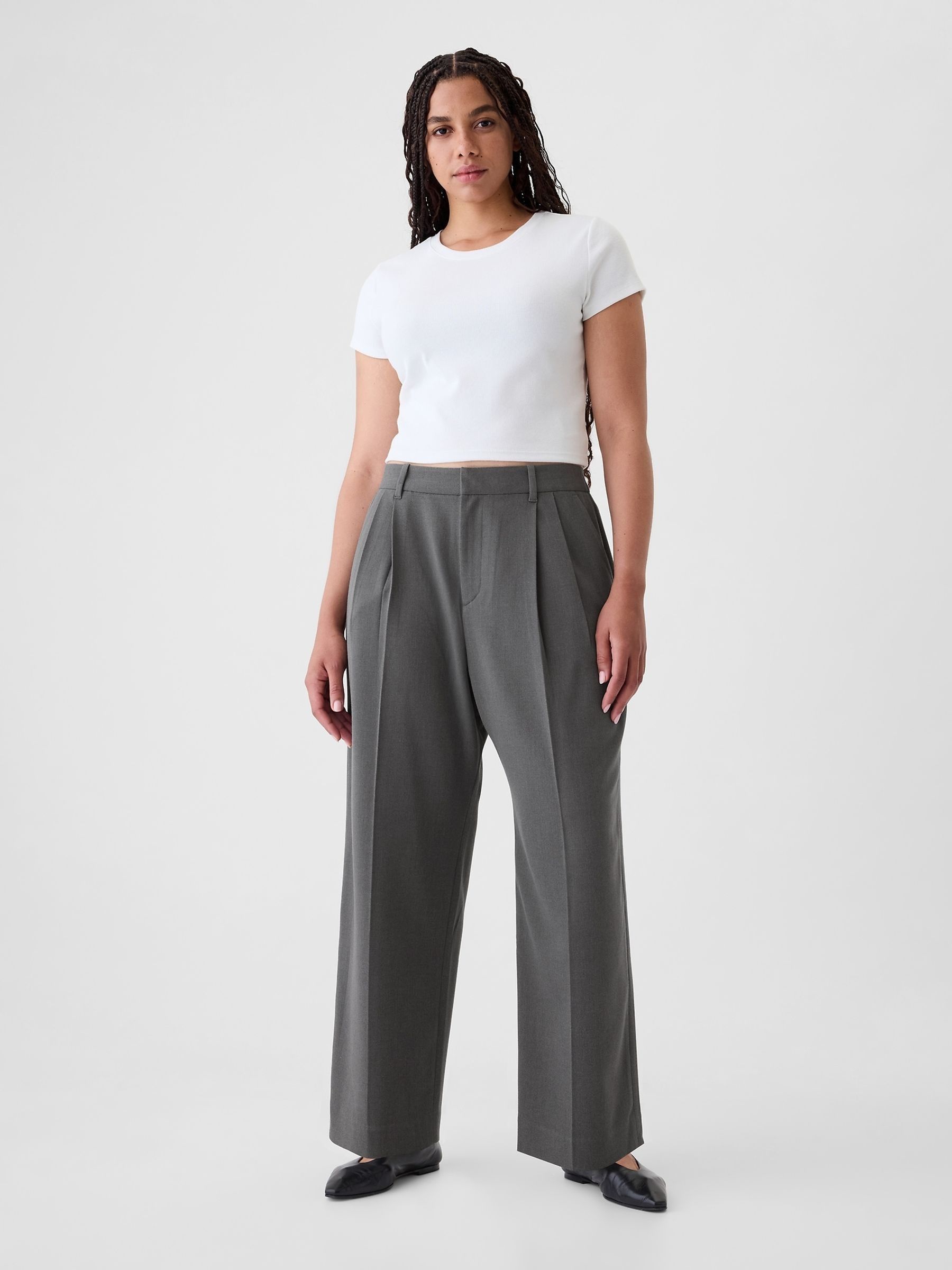 Grey Everyday High Waisted Brushed Twill Pleated Taper Trousers - Image 5 of 5