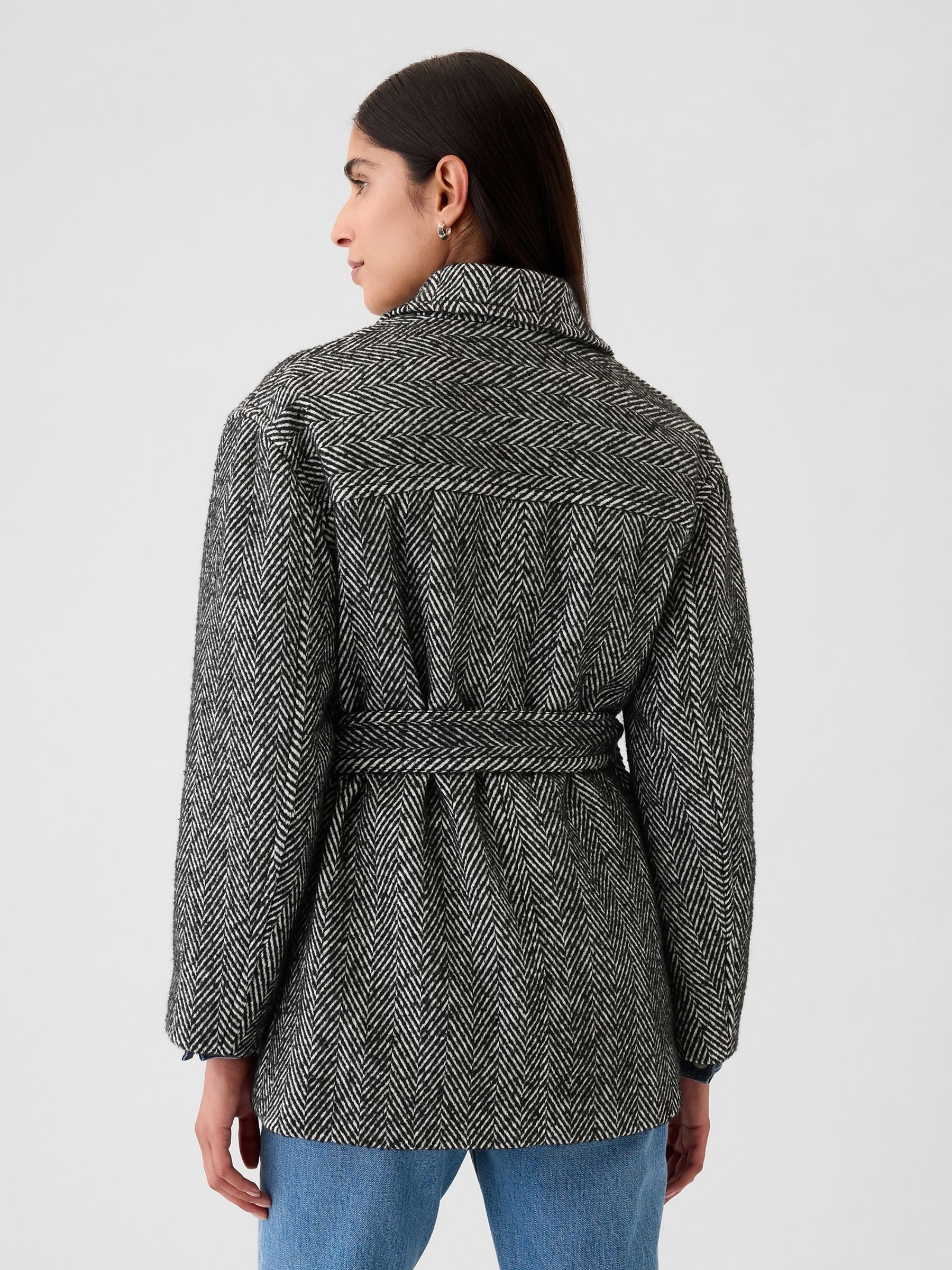 Black Herringbone Belted Utility Jacket - Image 2 of 5