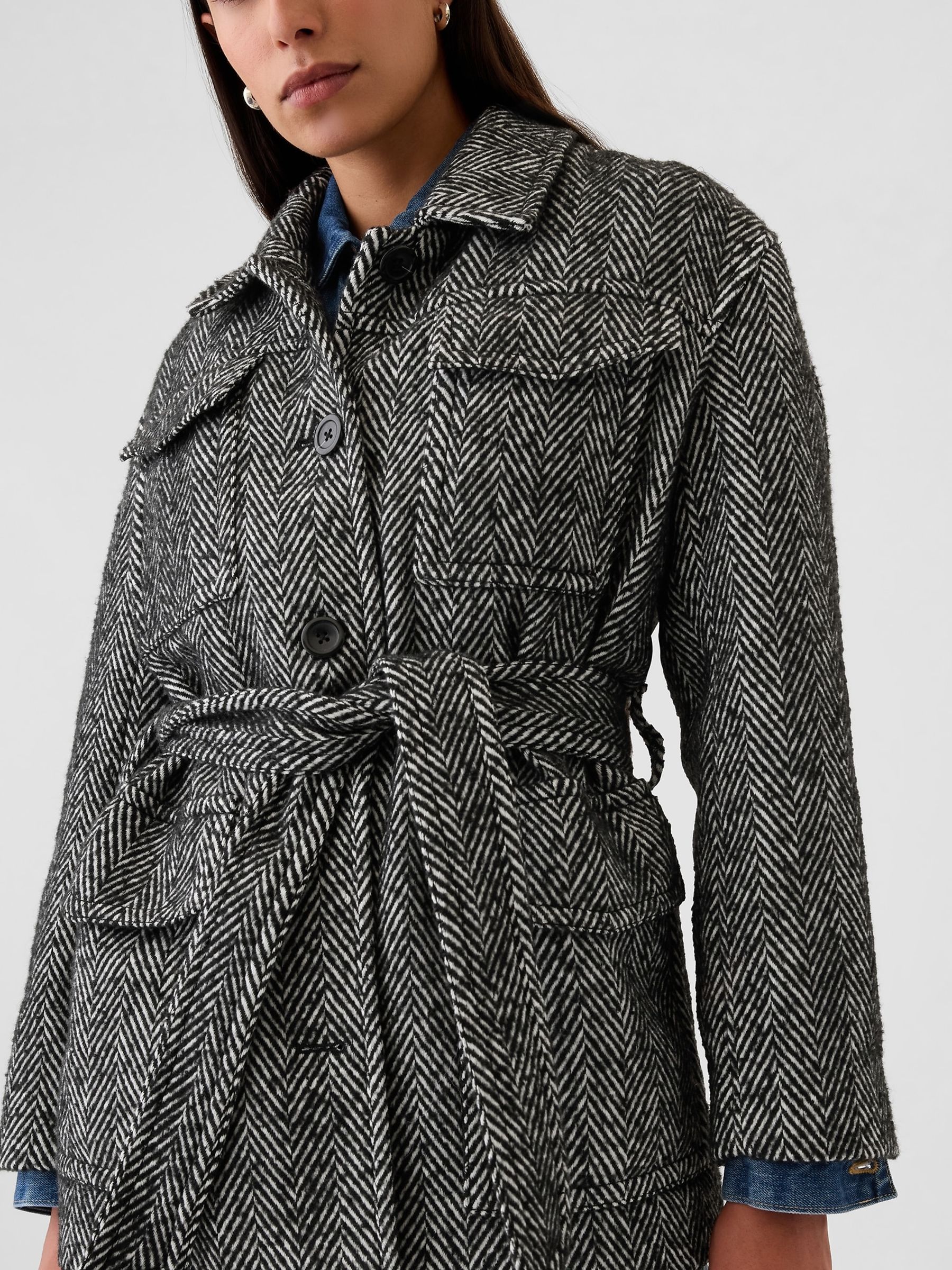 Black Herringbone Belted Utility Jacket - Image 4 of 5