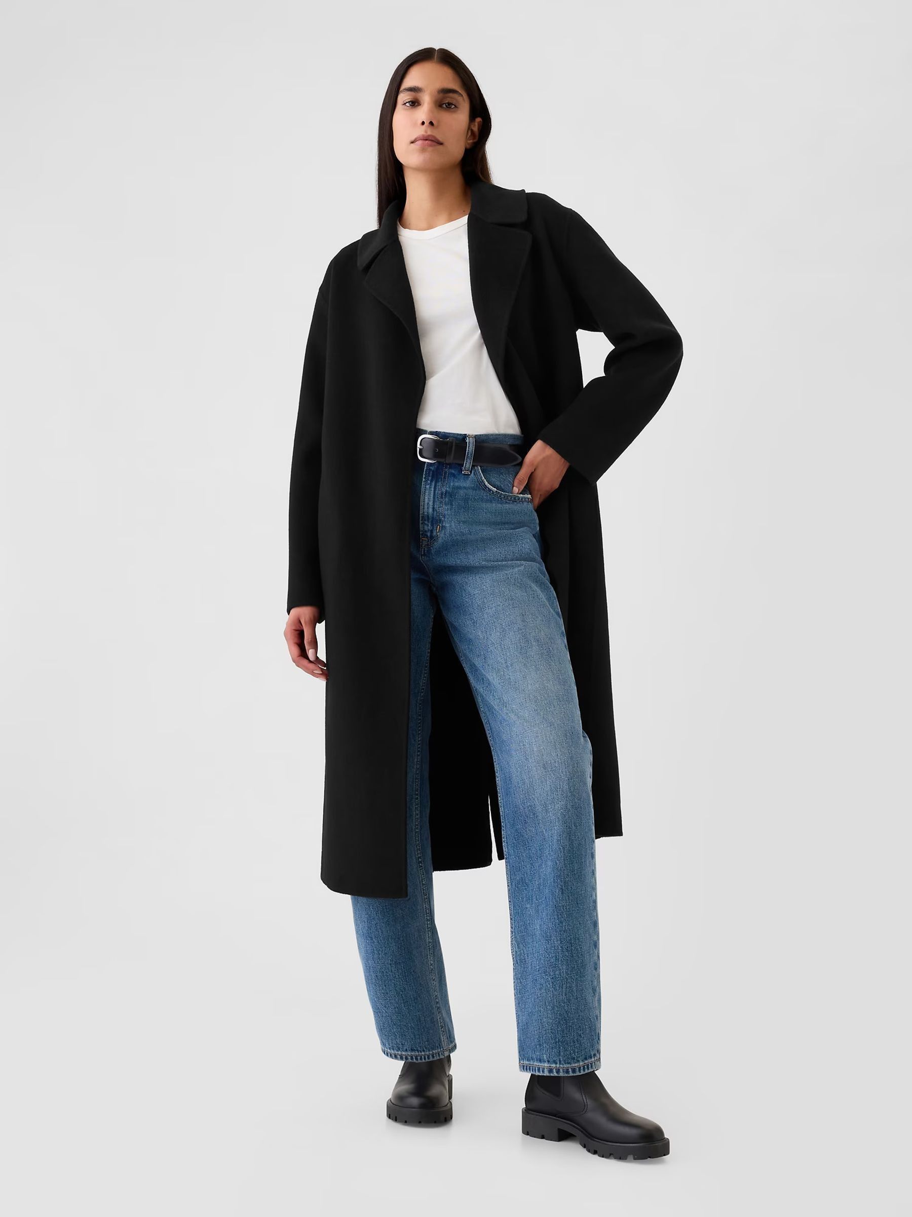Black Belted Double Faced Wool-Blend Trench Coat | Gap
