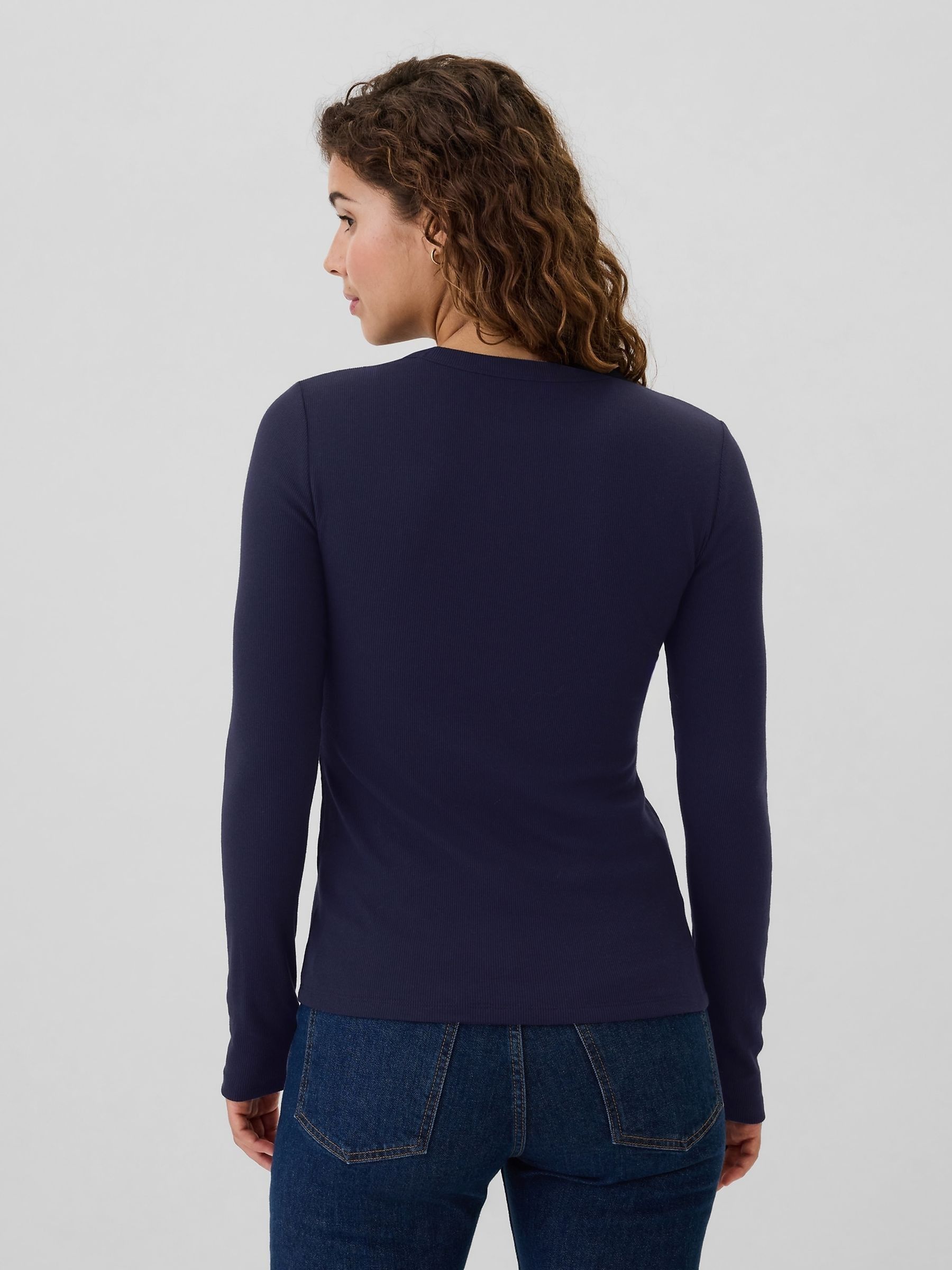 Blue Ribbed Long Sleeve Crew Neck T-Shirt - Image 2 of 5